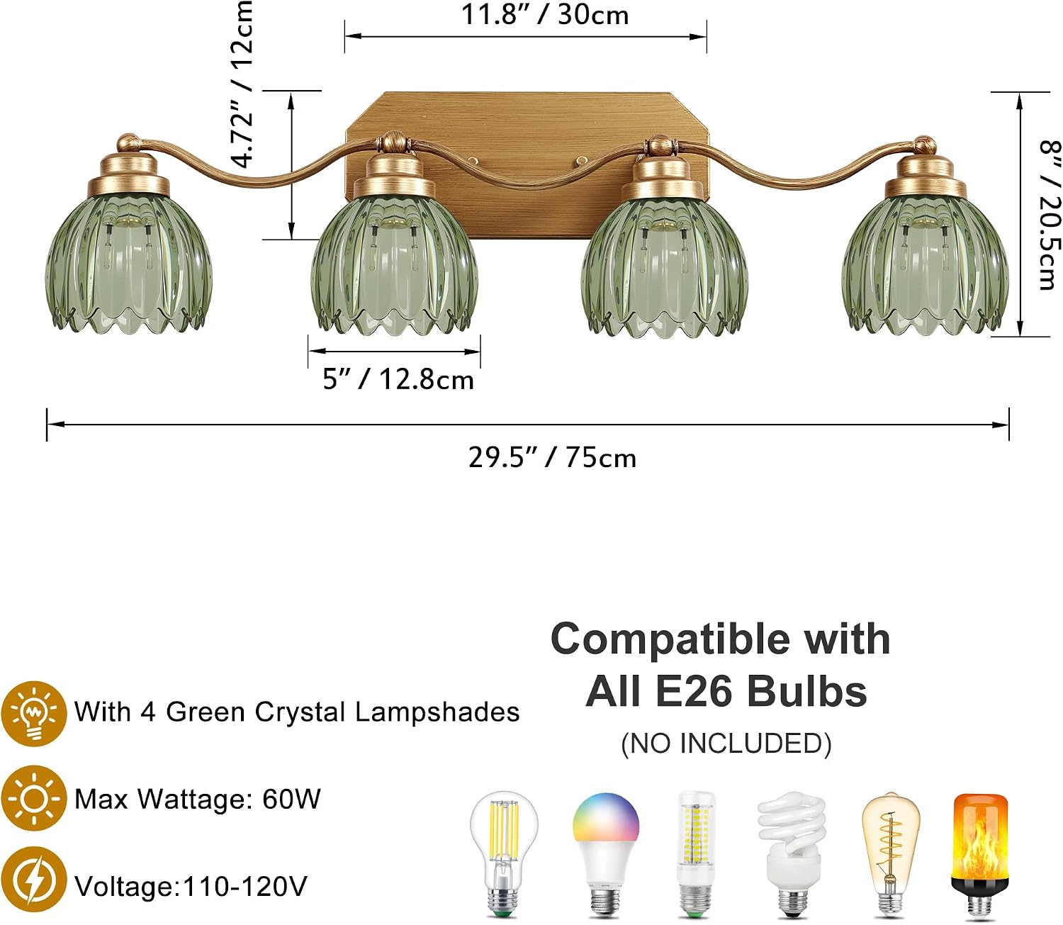 VbiTmn Gold Bathroom Light Fixtures, 4 Light Vintage Vanity Lights, Antique Brass Brushed Gold Finish, Crystal Green Glass Shade, Mid Century Wall Sconces for Bedroom, Living Room, Hallway