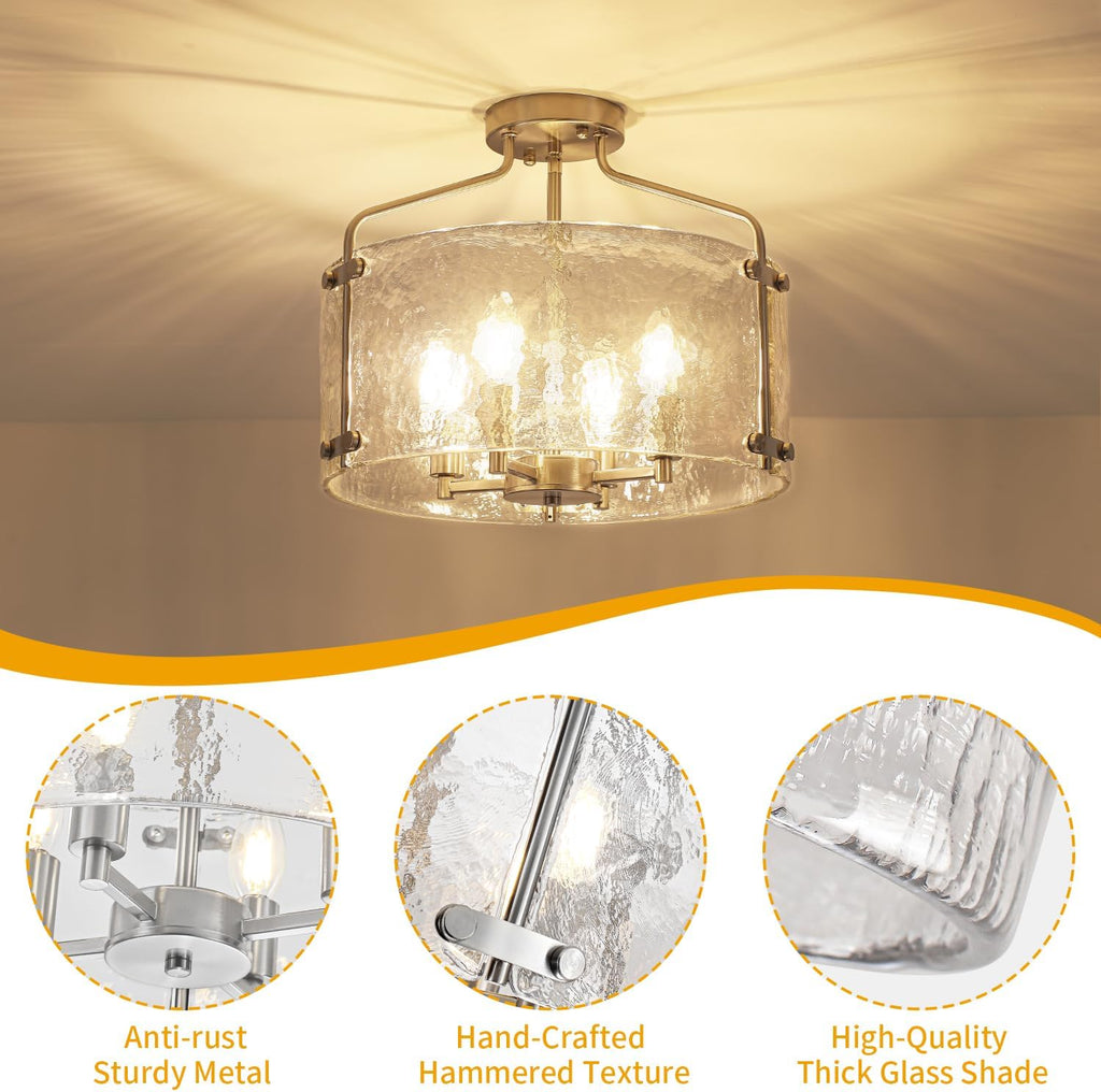Brushed Nickel Semi Flush Mount Ceiling Lights, 15.3 inch Hammered Glass Entryway Hallway Light Fixtures, 4-Light Modern Drum Chandeliers for Dining Room Bedroom Bathroom Foyer