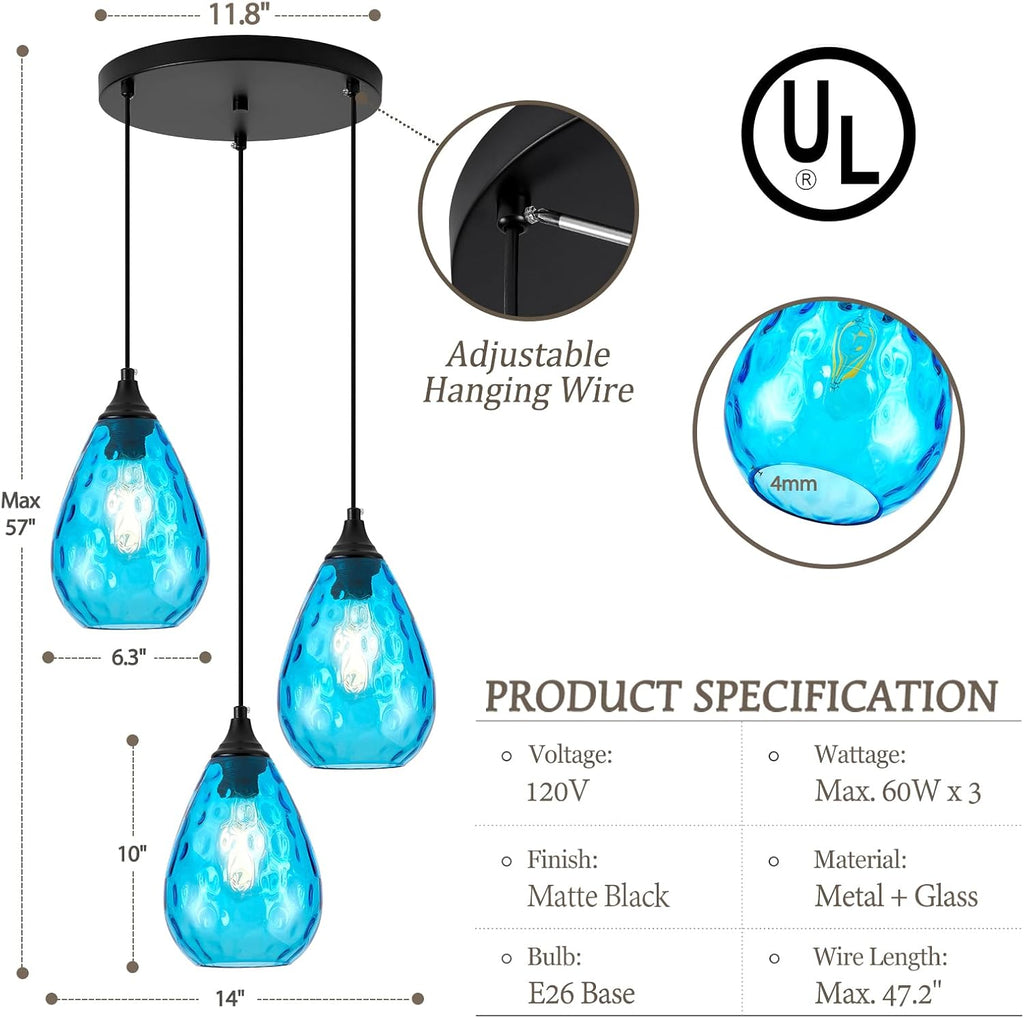 Blue 3-Light Pendant Lighting, Modern Dining Room Light Fixture Over Table with Hammered Glass, Cluster Hanging Lights for Kitchen Island Dining Room