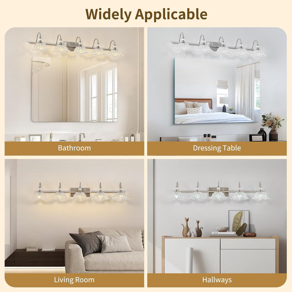 Brushed Nickel 5-Light Bathroom Vanity Light with Floral Clear Glass Shades, Brushed Nickel Wall Mount Lighting for Bathroom, Dressing Table