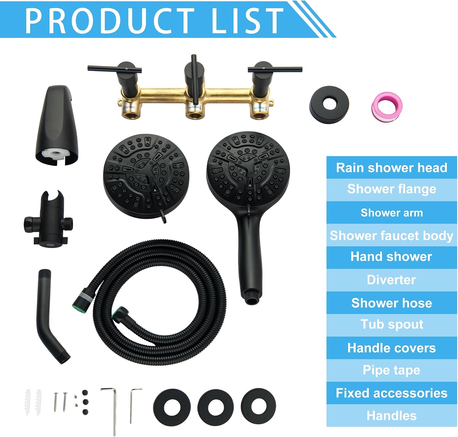 3 Handle Tub Shower Faucet Matte Black Bathtub Shower Faucet Set with Tub Spout, 3 Knob Shower Tub Faucet Set, Wall Mount