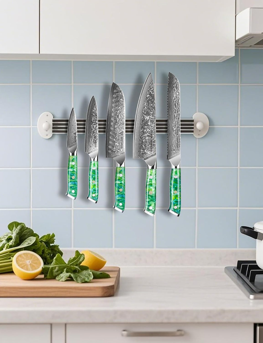 Chef Cooking Knives Set- Kitchen Knife Set of 5 Piece - Ultra-Sharp VG10 Damascus Steel & Resin Handle - Xuan Series (Jade Green)