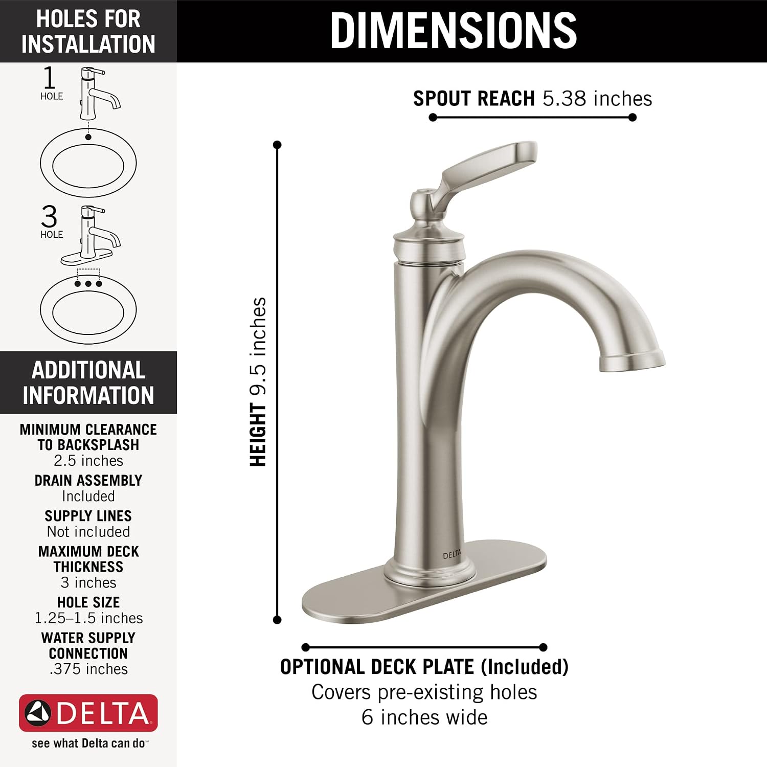 Delta Woodhurst Brushed Nickel Bathroom Faucet 1 Hole, Single Hole Bathroom Sink Faucet for Vanity, Metal Push-Pop Drain Assembly, Stainless 532-SSMPU-DST