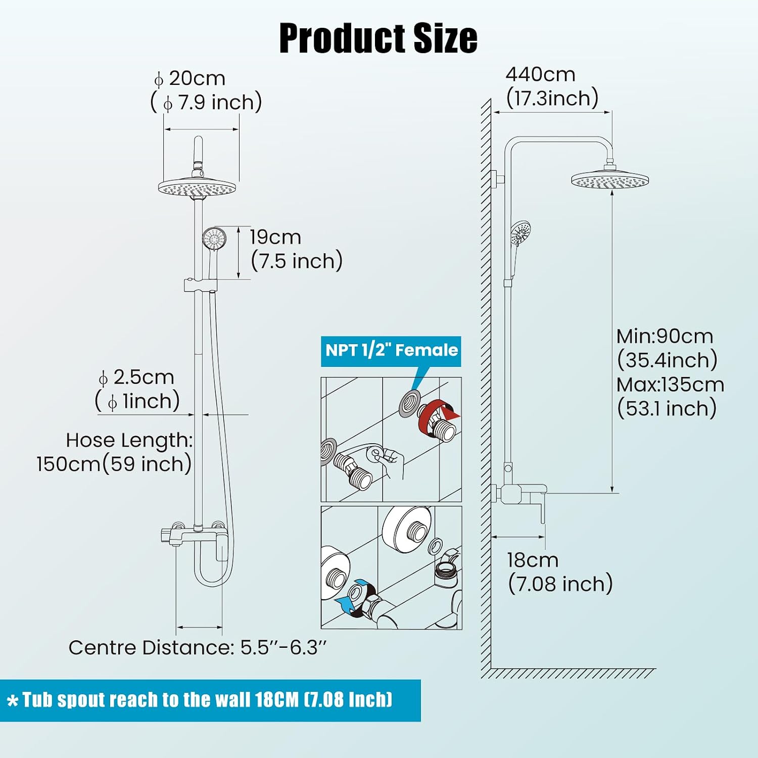 gotonovo Matte Black Exposed Shower Fixture Faucet Set Triple Function 8 Inch Rainfall Showerhead and Tub Spout Shower System Combo Unit, Multi Functional ABS Handheld
