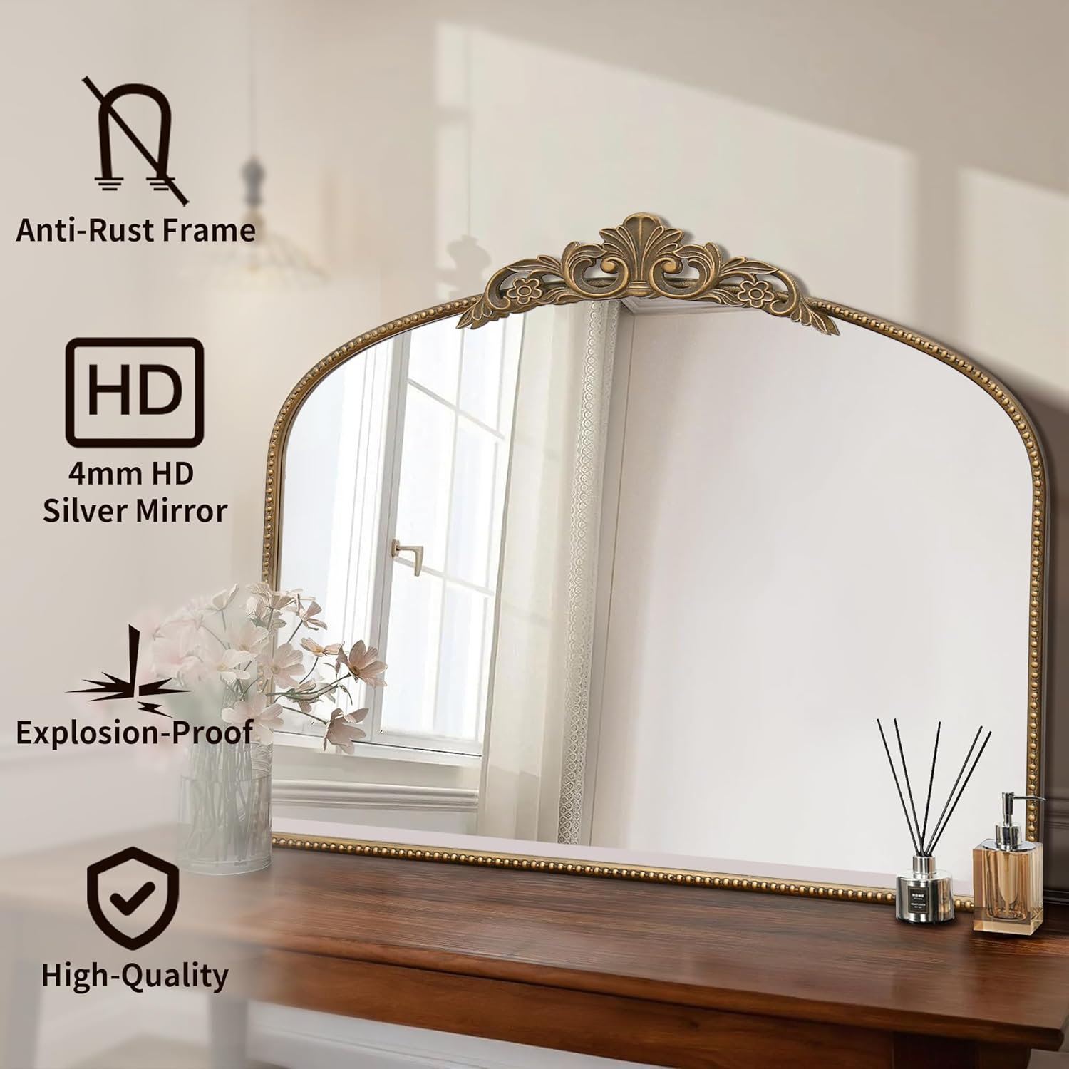 Micasso Vintage Gold Arched Mirror: 36'x29' French Baroque Antique Wall Mounted Mirror - Traditional Ornate Decorative for Wall/Fireplace/Entryway/Bathroom/Hallway - Home Decor for Living Room