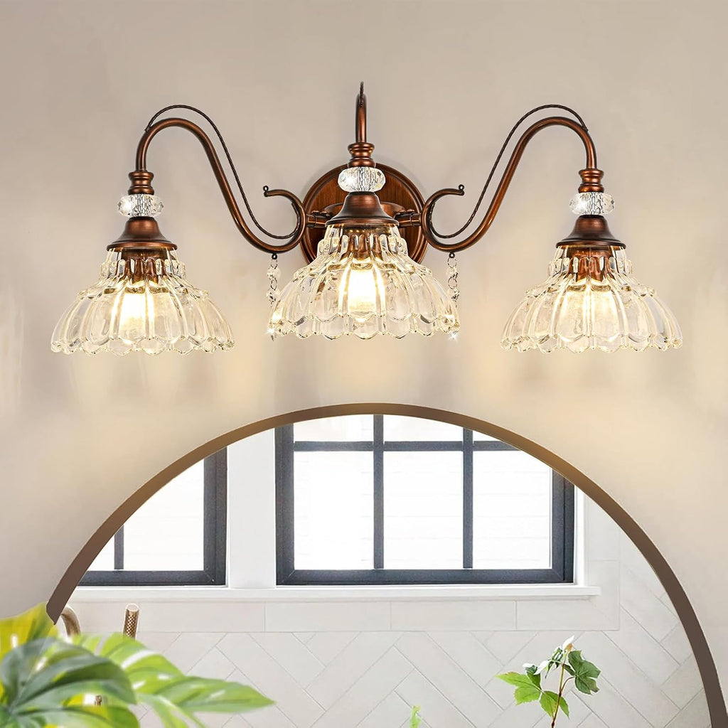 Vintage Bathroom Vanity Light, 3-Light Matte Antique Red Bronze Finish Wall Sconce with Hanging Crystal Accent and Flower-Shaped Clear Glass Shades, Retro Wall Mount Vanity Light Over Mirror