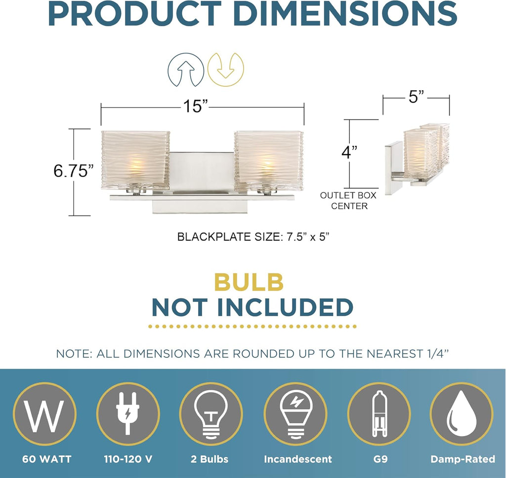 Quoizel Westcap Modern Vanity Lights, 2-Light, 15 Inch Brushed Nickel Bathroom Lighting Fixtures Over Mirror, Sandblasted Glass, G9 Bulb, Transitional Wall Light for Bathrooms, Kitchen or Hallway