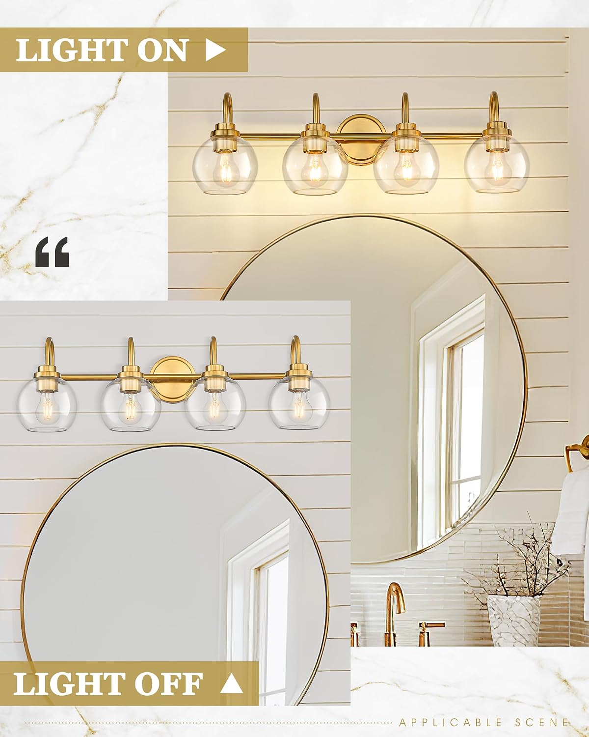 Bathroom Light Fixtures, 4-Light Brushed Gold Vanity Lights with Globe Clear Glass, 30 Inch Champagne Bronze Vanity Lighting Fixtures Over Mirror, AD-22280-4W-GD