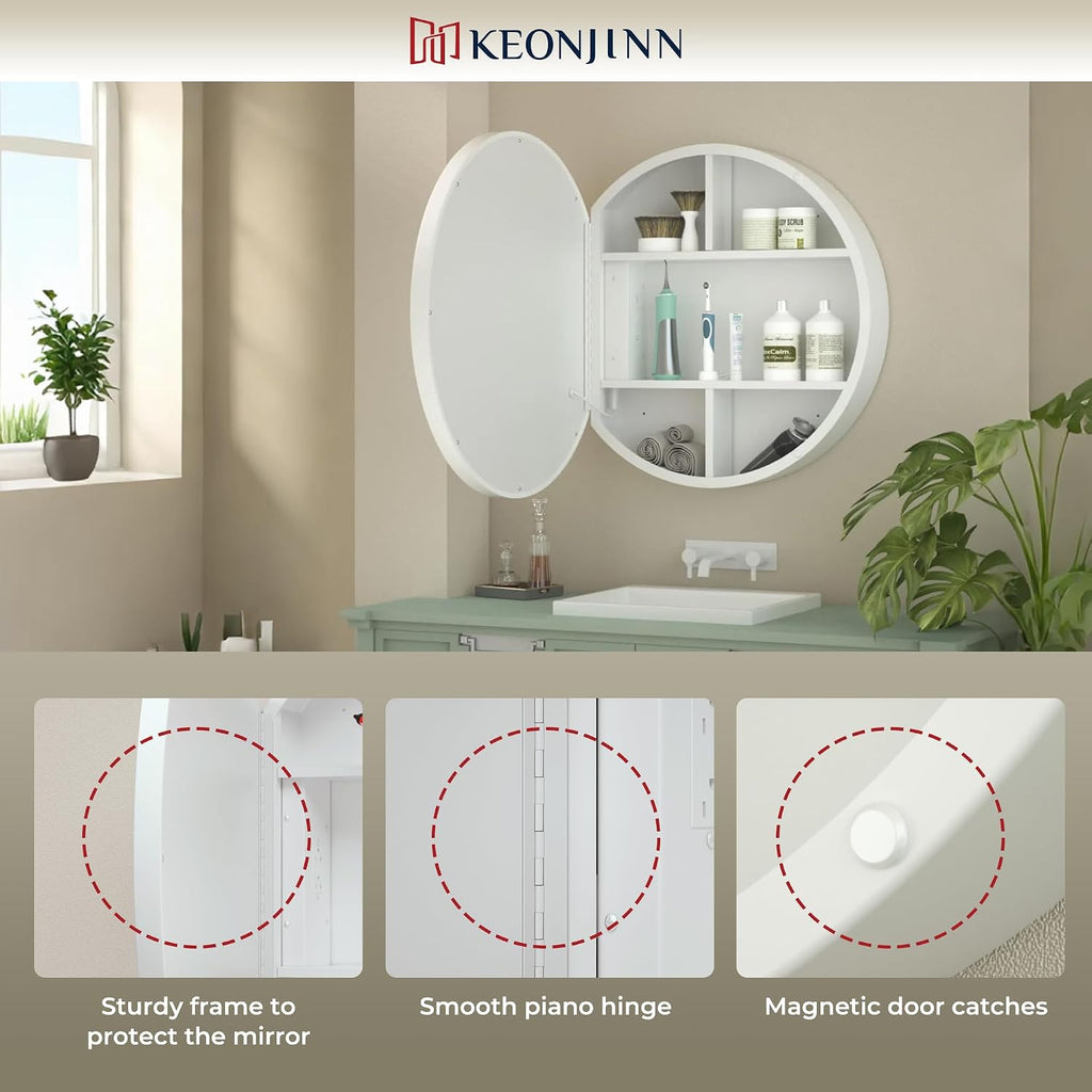 Keonjinn 30 Inch Round Lighted Medicine Cabinet, White LED Medicine Cabinet Mirror, Circle, Electrical Outlet, 3 Color Lights, Anti-Fog, Dimmable, Surface Mount Only