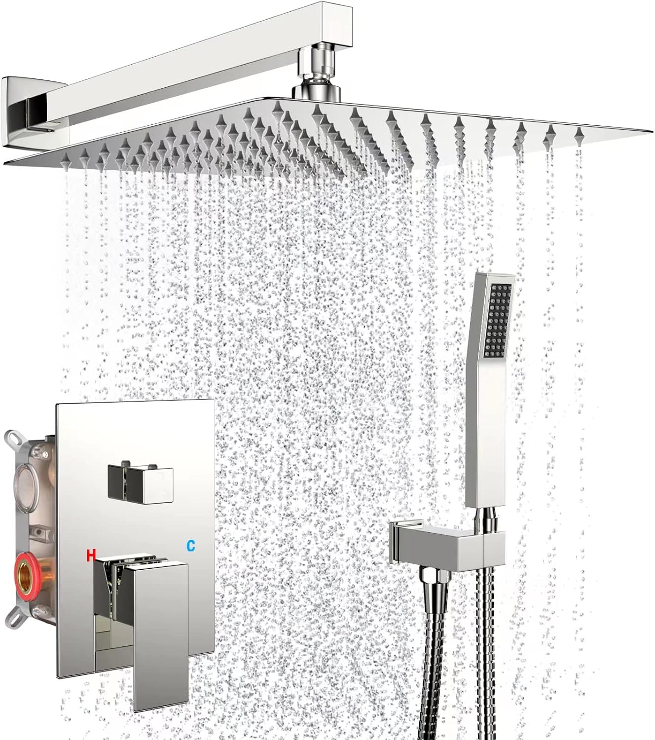 Rain Shower System 12 Inches Shower Head with Handheld Combo Set for Bathroom,High Pressure Rainfall Shower Faucet Set Wall Mounted,Rough-in Valve and Trim Kit(Chrome Polished)
