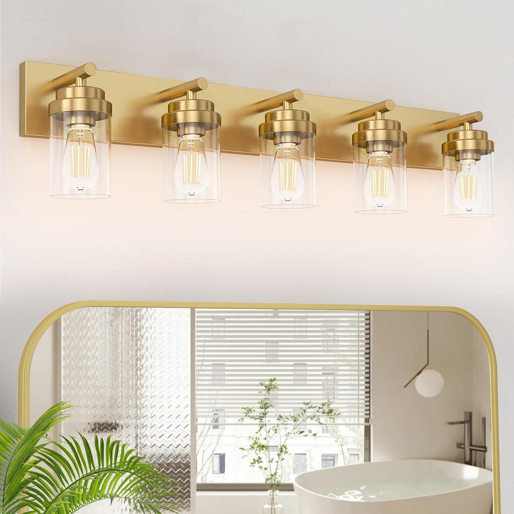 IZORRO Bathroom Vanity Light Fixture, 5-Light 36 Inch Gold Bathroom Light Fixtures Over Mirror, with Clear Glass Shade, Modern Farmhouse Vanity Lights, Rustic Restroom Lighting Fixtures