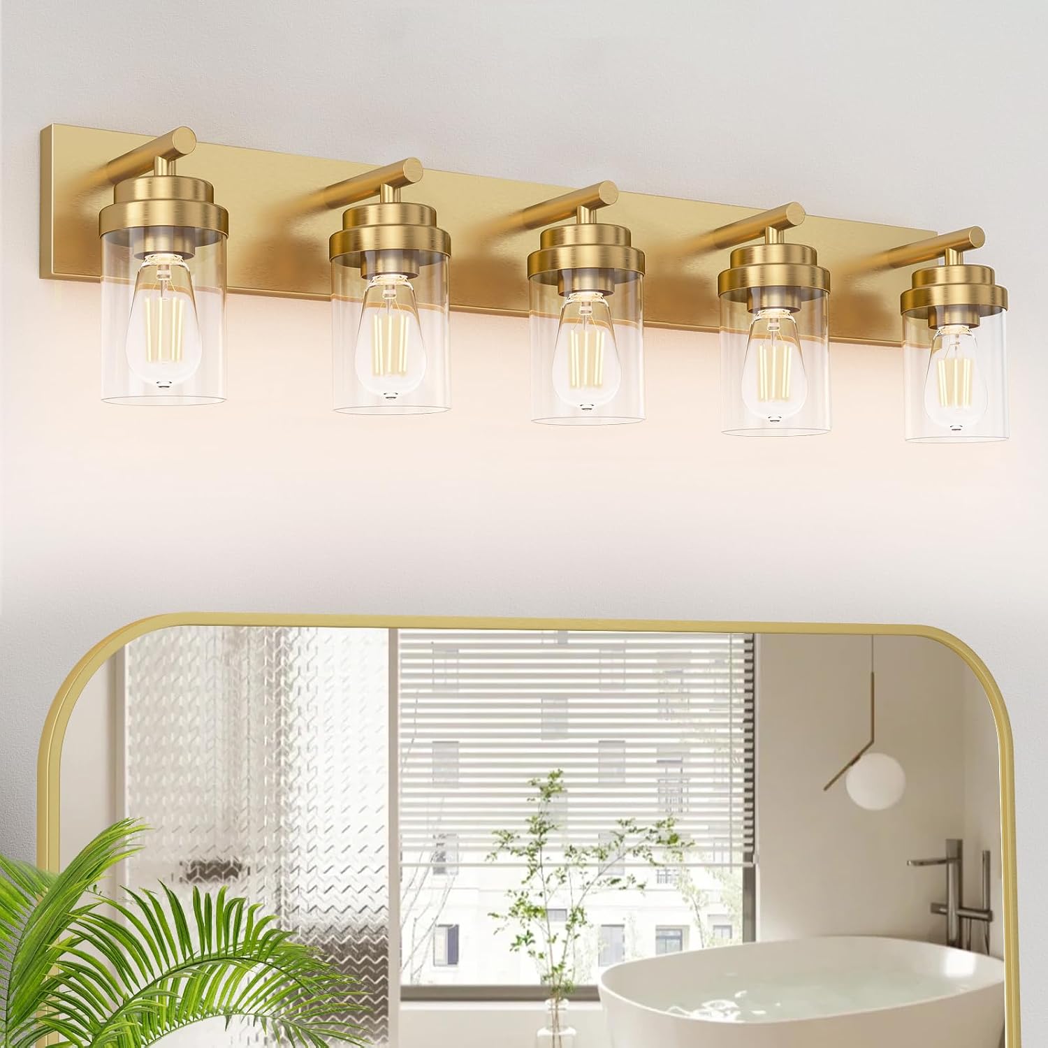 IZORRO Bathroom Vanity Light Fixture, 5-Light 36 Inch Gold Bathroom Light Fixtures Over Mirror, with Clear Glass Shade, Modern Farmhouse Vanity Lights, Rustic Restroom Lighting Fixtures