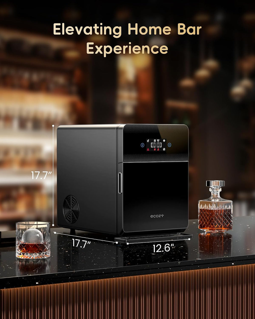 ecozy 2' Clear Ice Ball Maker Countertop with CrystalFlux Technology, 4 pcs in 40 Mins, 144 pcs/Day, Sphere Ice Maker with Automatic Water Supply, Self-Cleaning, Enhanced Insulation for Whiskey Bar