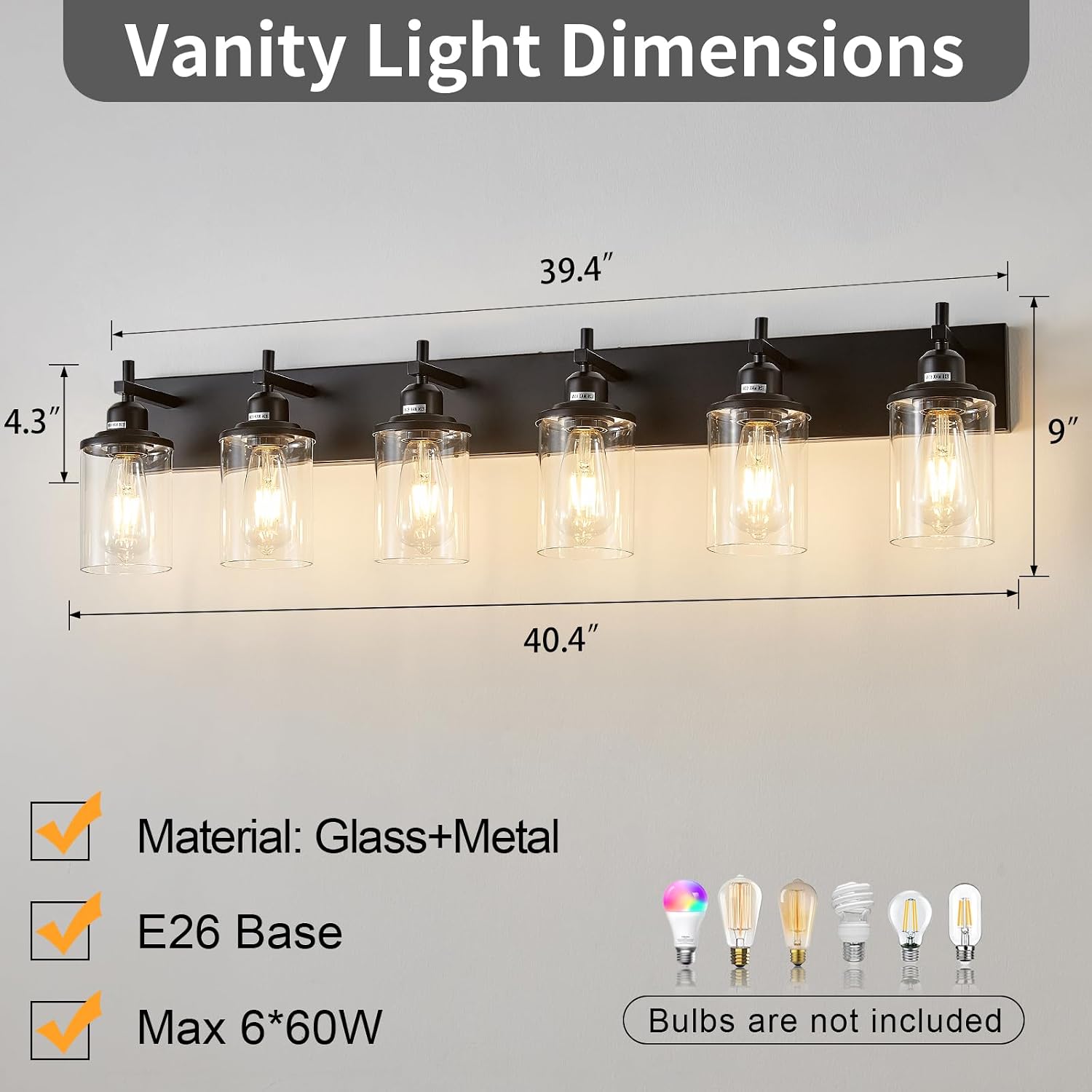 Lanhall 6-Light Black Bathroom Light Fixture Over Mirror Modern Farmhouse Bathroom Vanity Light Vintage Wall Lighting with Clear Glass Shade for Bathroom, Bedroom, Hallway, Cabinet