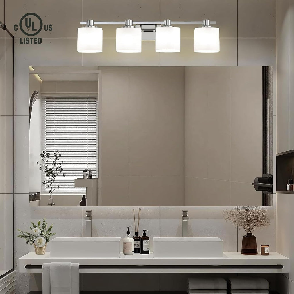 32 Inch Chrome Bathroom Light Fixtures Over Mirror 4 Light Bathroom Vanity Light Silver Modern Industrial Makeup Lighting Wall Sconce Shower Farmhouse Rustic Milk Glass Lamp Above Desk Sink