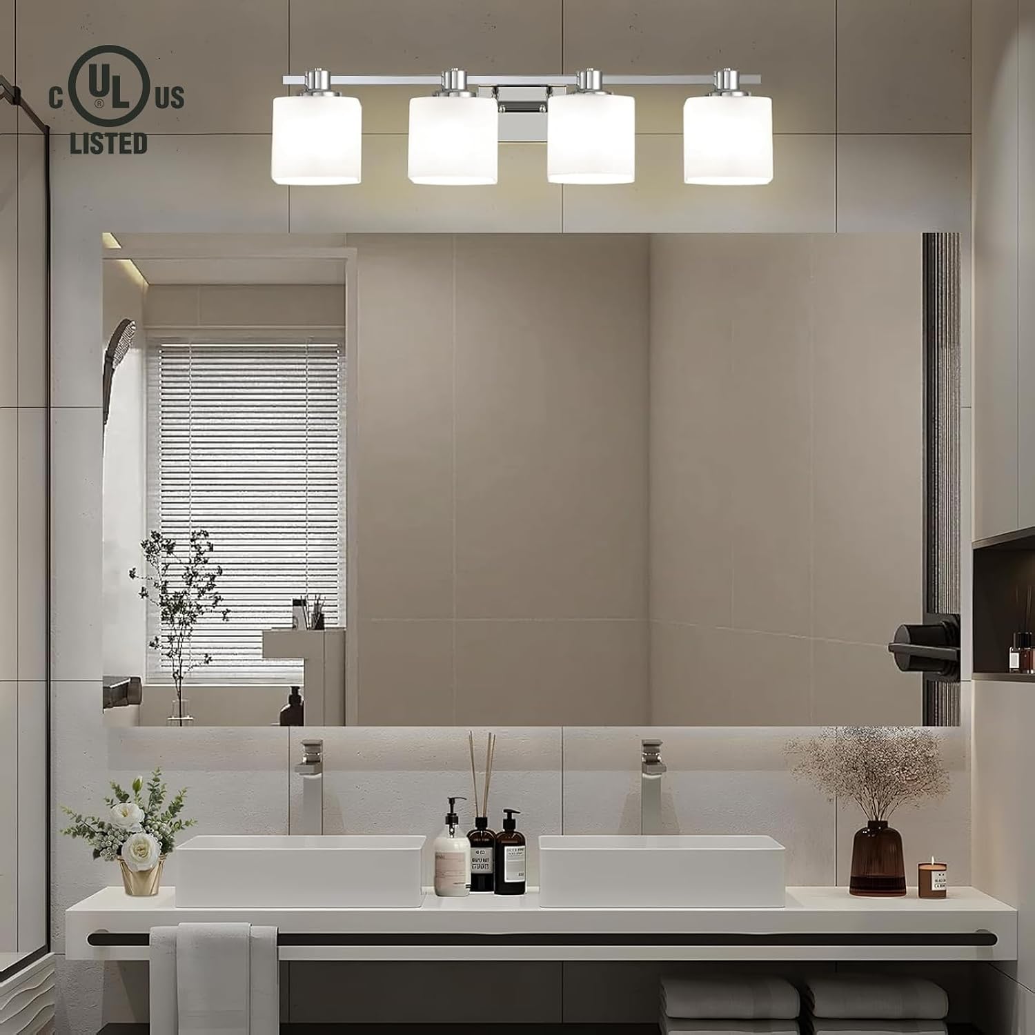 32 Inch Chrome Bathroom Light Fixtures Over Mirror 4 Light Bathroom Vanity Light Silver Modern Industrial Makeup Lighting Wall Sconce Shower Farmhouse Rustic Milk Glass Lamp Above Desk Sink