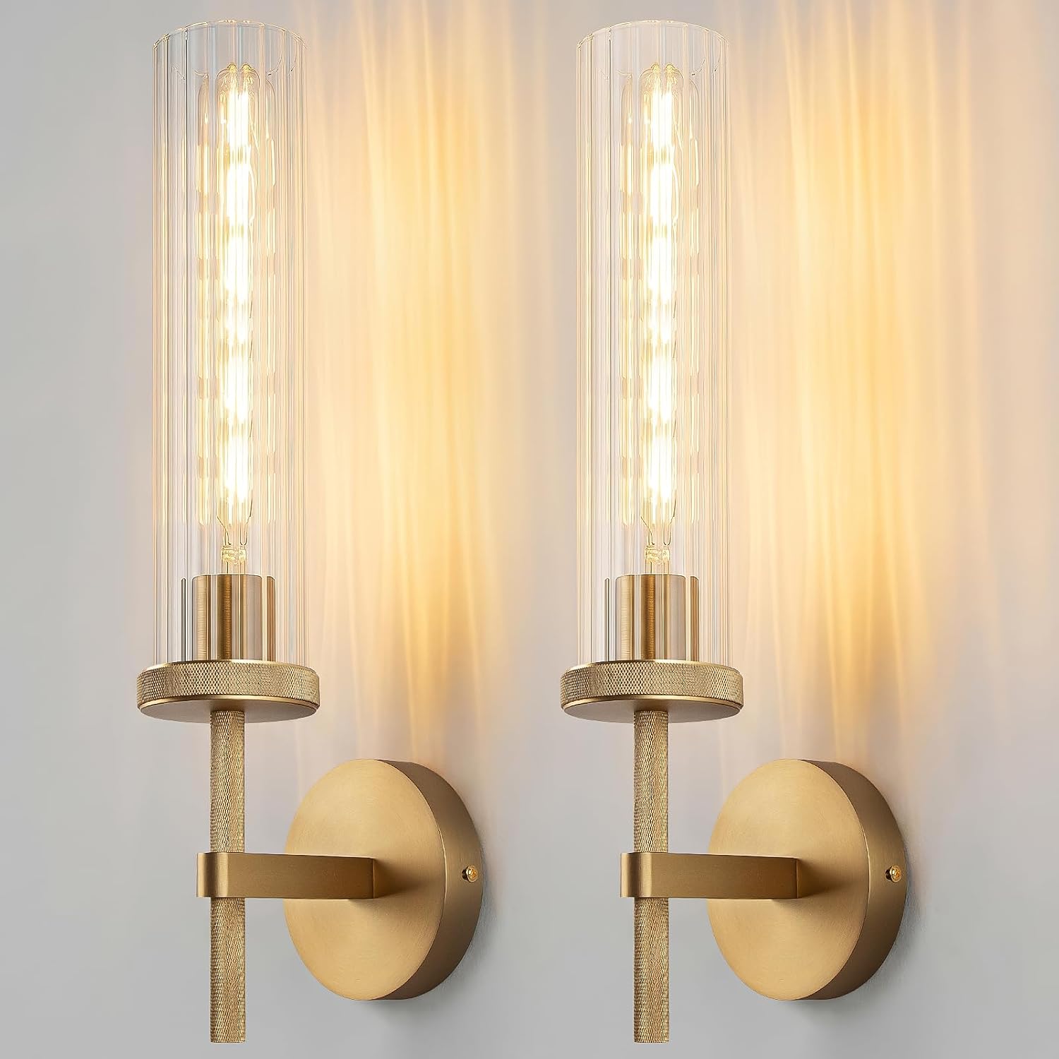 19.5' Knurled Gold Hardwired Wall Sconces Set of 2, Bathroom Vanity Light Fixtures with Vertical Striped Glass Tube, Modern Lamp Lighting for Bedroom, Living Room, Hallway, Staircase, Mirror, Kitchen