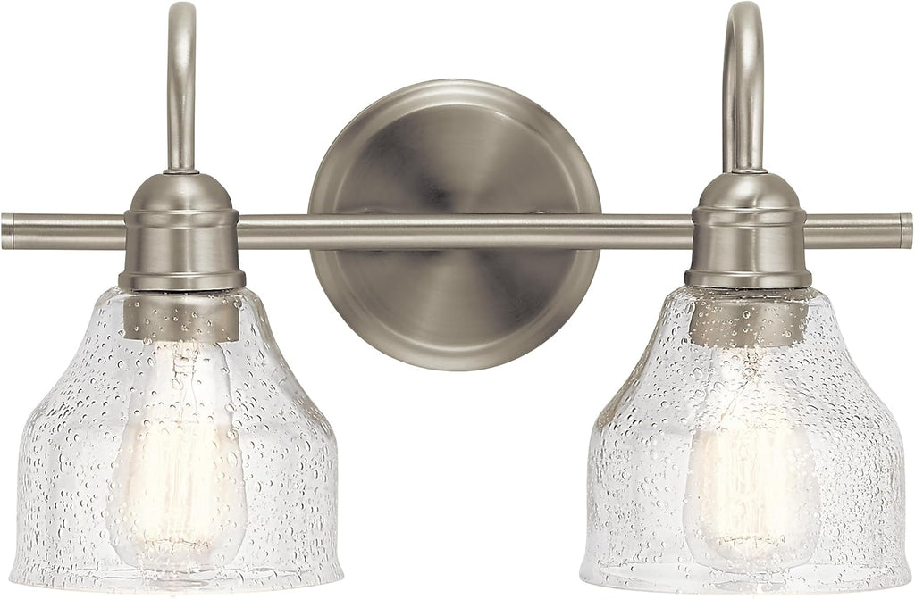 Kichler Avery 14.75' 2 Light Bathroom Vanity Light in Brushed Nickel, Vintage Bathroom Wall Mount Fixture with Clear Seeded Glass, (14.75' W x 9.25' H), 45972NI
