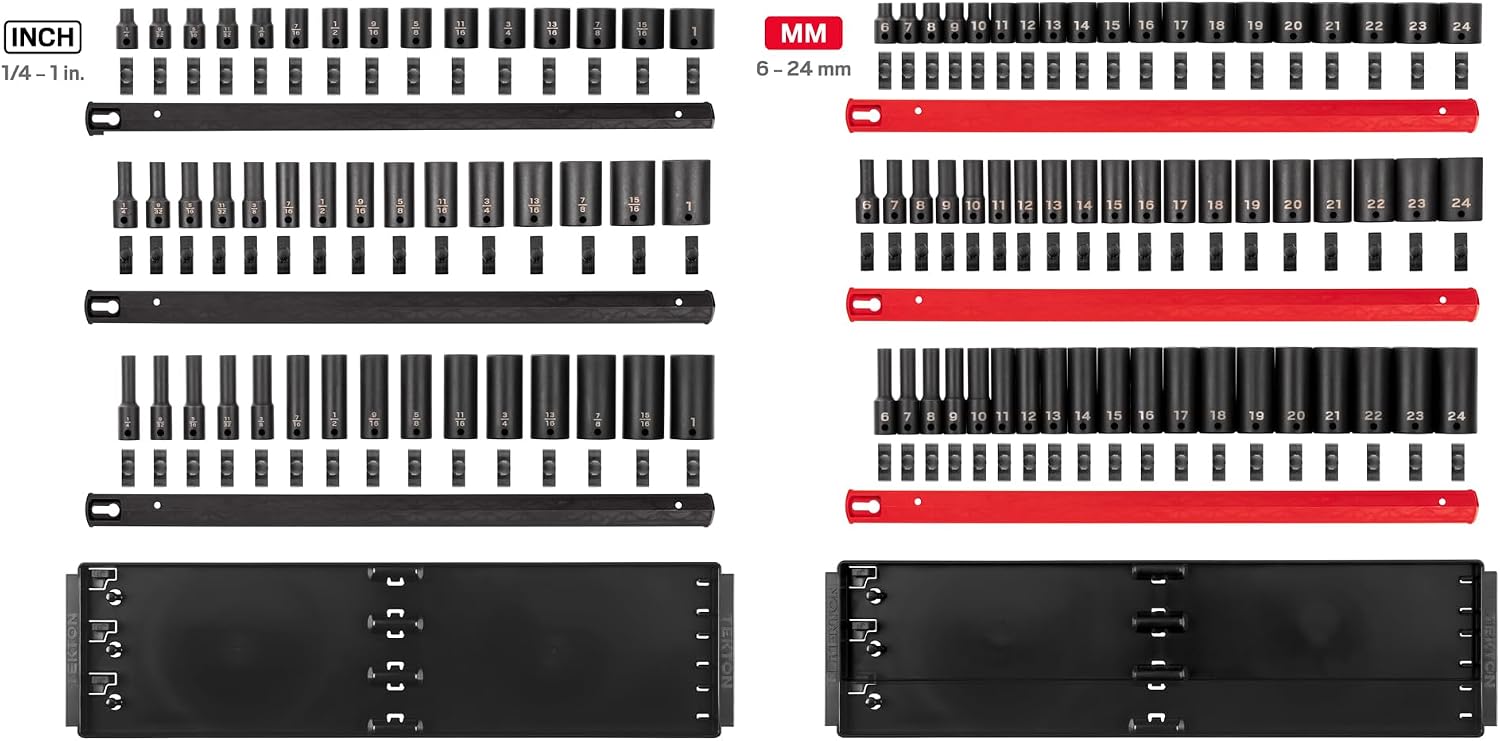 TEKTON 3/8 Inch Drive Shallow, Semi-Deep, and Deep 12-Point Impact Socket Set with Rails and Trays, 102-Piece (1/4-1 in., 6-24 mm) | SID91221