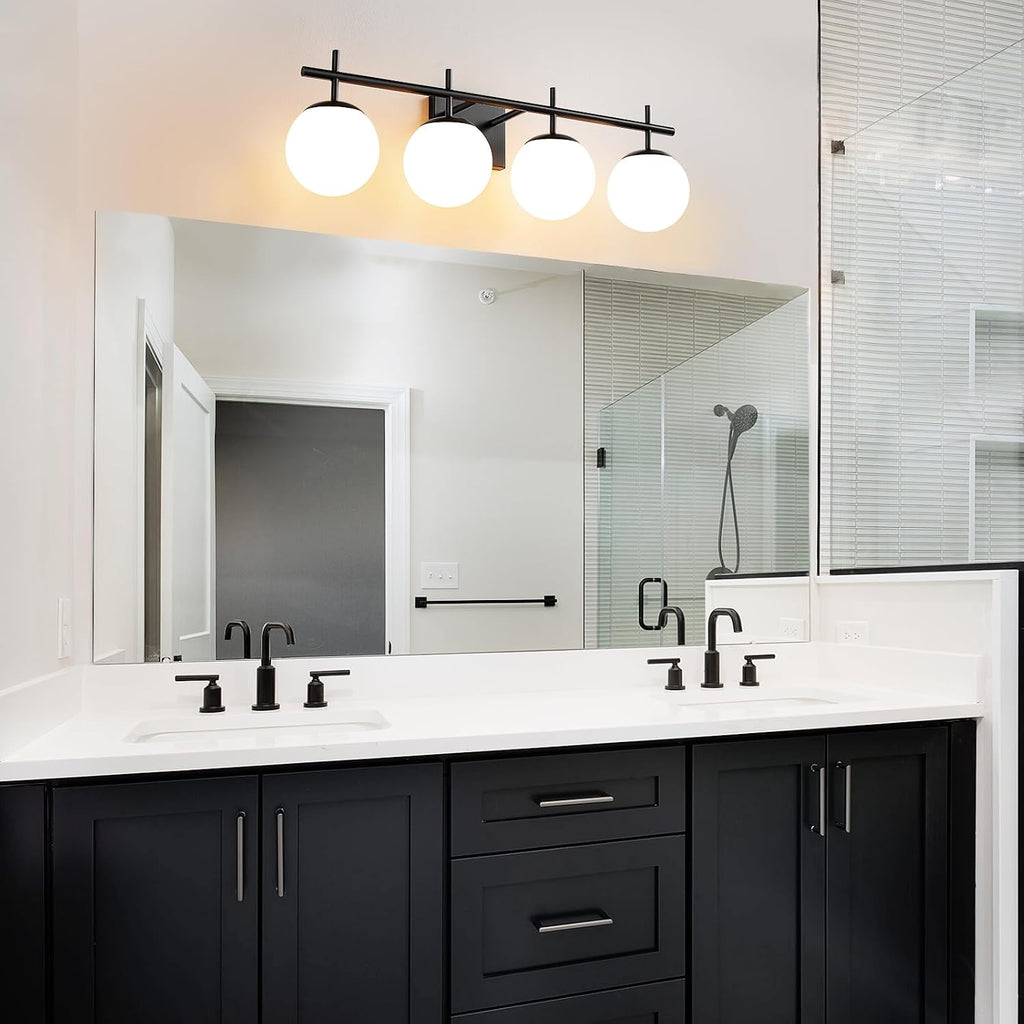 AIJIASI Bathroom Lighting Fixtures Over Mirror, 4-Light Matte Black Vanity Light, 30.7 Inch Modern Bathroom Light Fixtures with Milky White Glass Globe Shade Bath Vanity Lighting Fixtures Wall Sconce