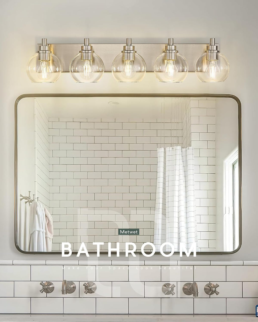 Bathroom Light Fixtures, 5 Light Brushed Nickel Vanity Light, 32 Inch Modern Wall Sconces with Globe Clear Glass Shade, Vanity Lighting Fixtures Over Mirror, VL195-BN-CL-5