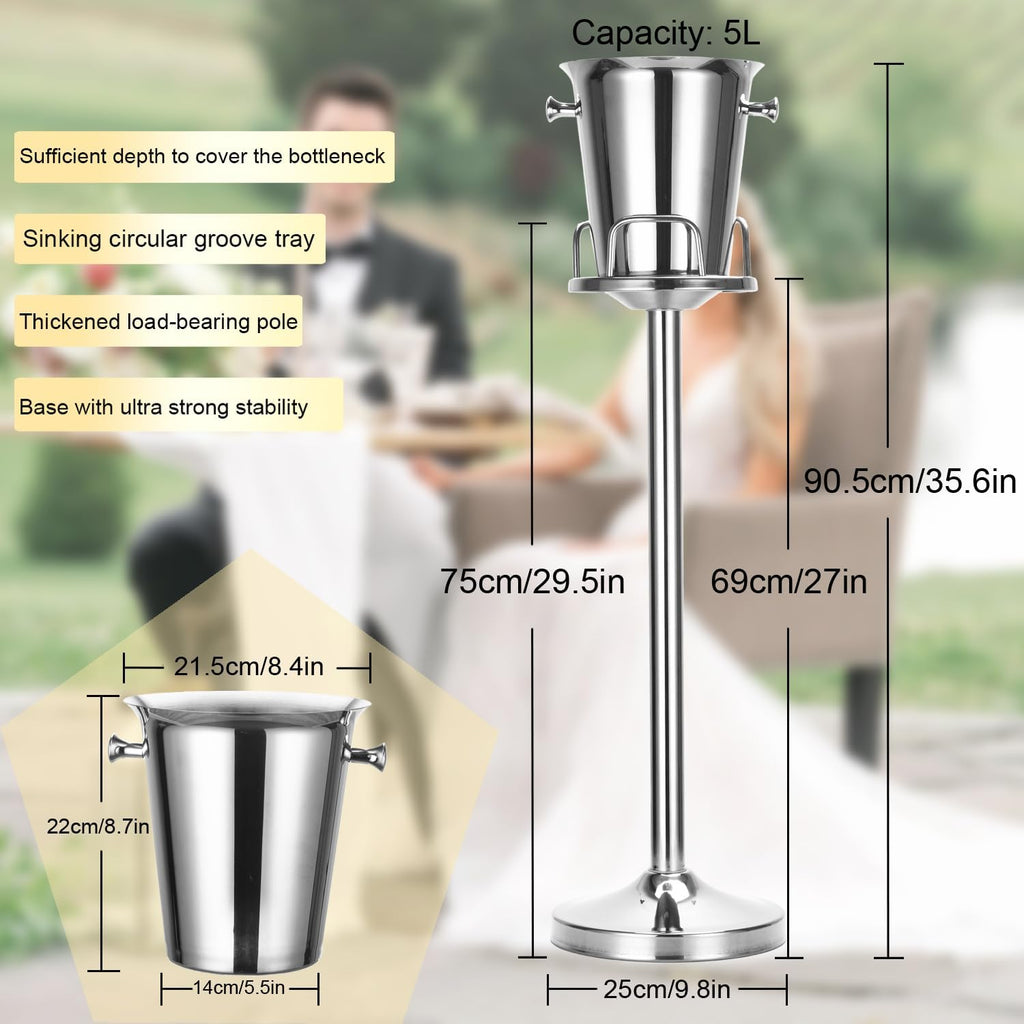 Champagne Bucket with Stand,Ice Bucket with Stand Stainless Steel Bucket Wine Chiller On Stand 12Lb Hammered Tall Ice Bucket Stand for Party Bar Ktv Bbq Home,3ft (silver, 2 packs)