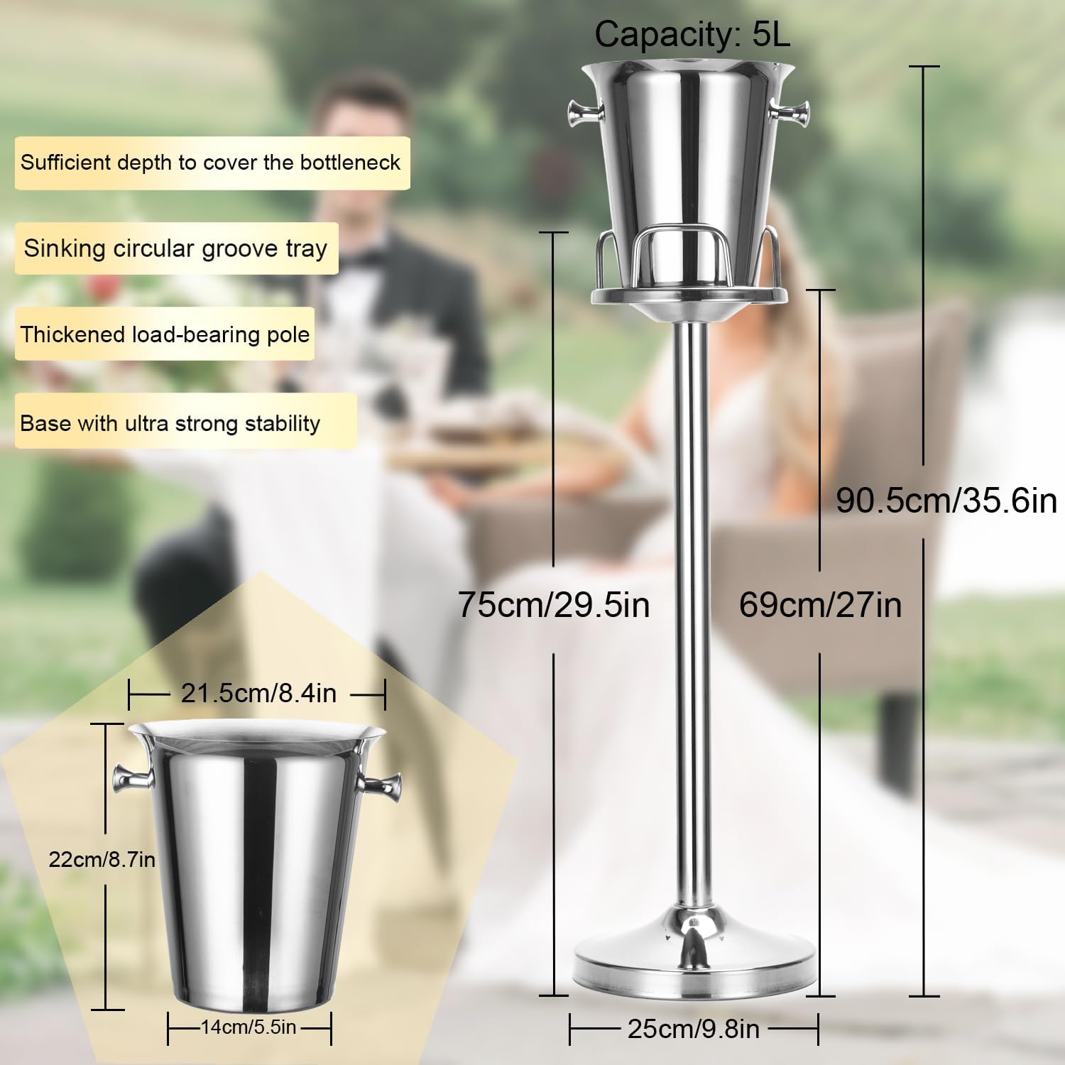 Champagne Bucket with Stand,Ice Bucket with Stand Stainless Steel Bucket Wine Chiller On Stand 12Lb Hammered Tall Ice Bucket Stand for Party Bar Ktv Bbq Home,3ft (silver, 2 packs)