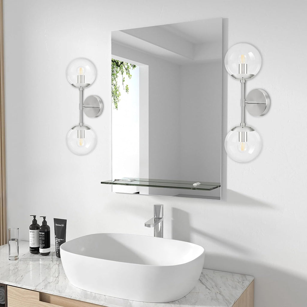 KoKo&Yukina Nickel 2 Pack Vanity Light Fixtures Mid Century Modern Bathroom Vanity Light Globe Sconce with Clear Glass for Bathroom Bedroom