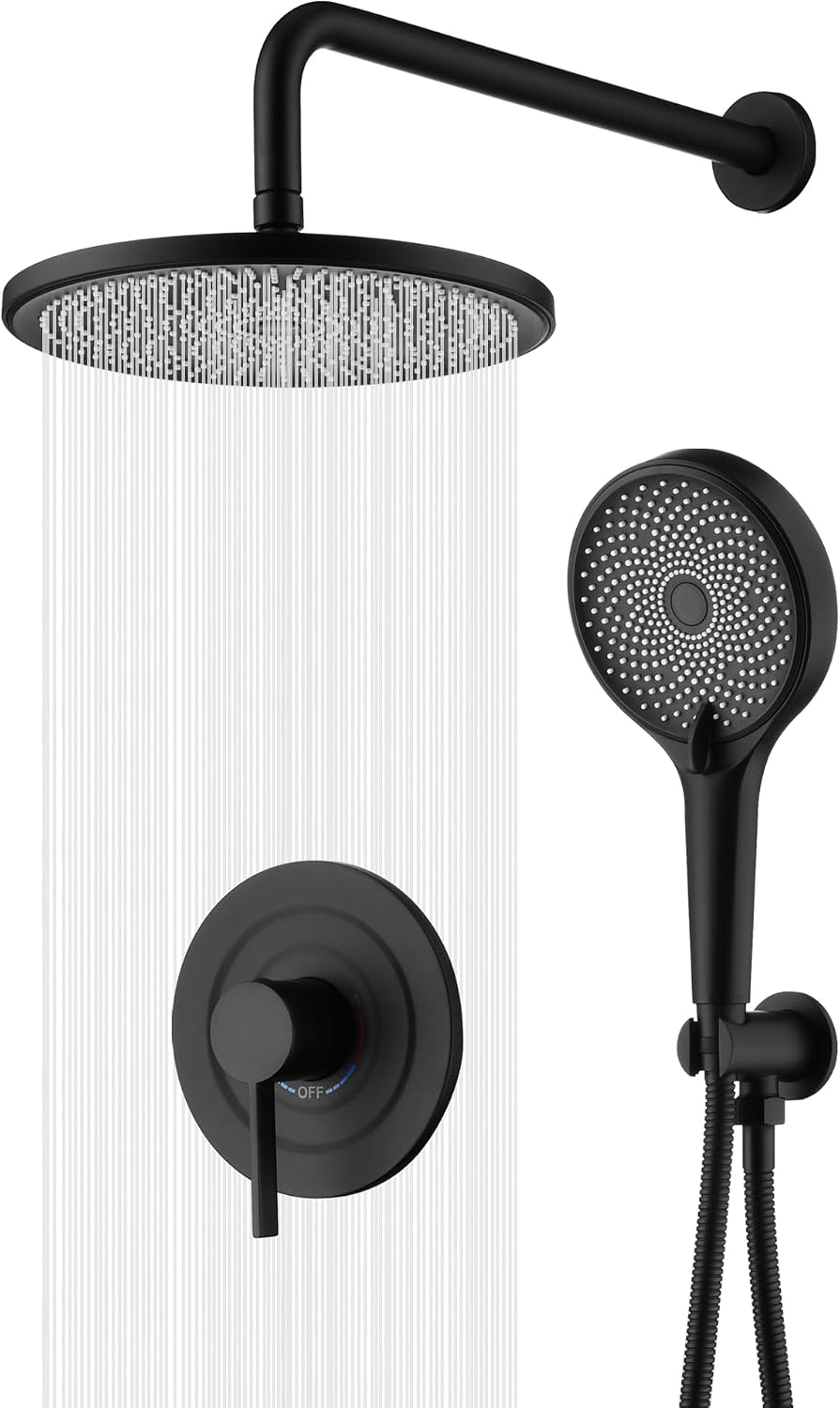 sumerain Matte Black Concealed Shower Faucet Set, Rain Shower System with 10 Inch Shower Head,Shower Fixtures with Handheld Spray Included Valve and Trim Kit