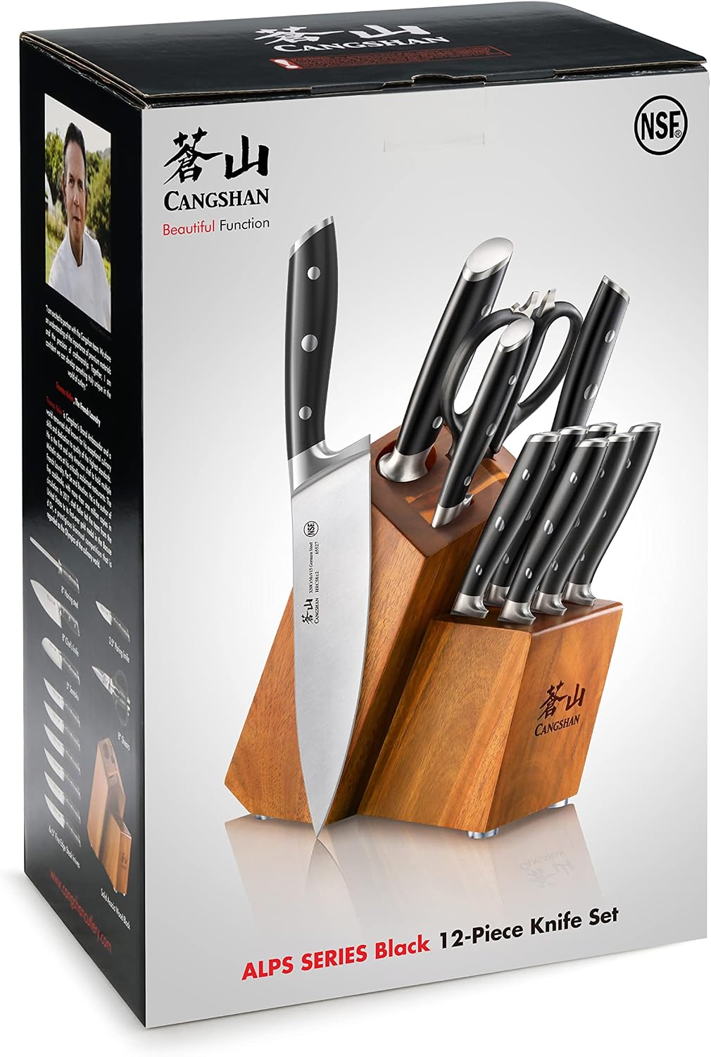 Cangshan Alps Series 1026672 German Steel Forged 12-Piece Knife Block Set, Acacia (Black)