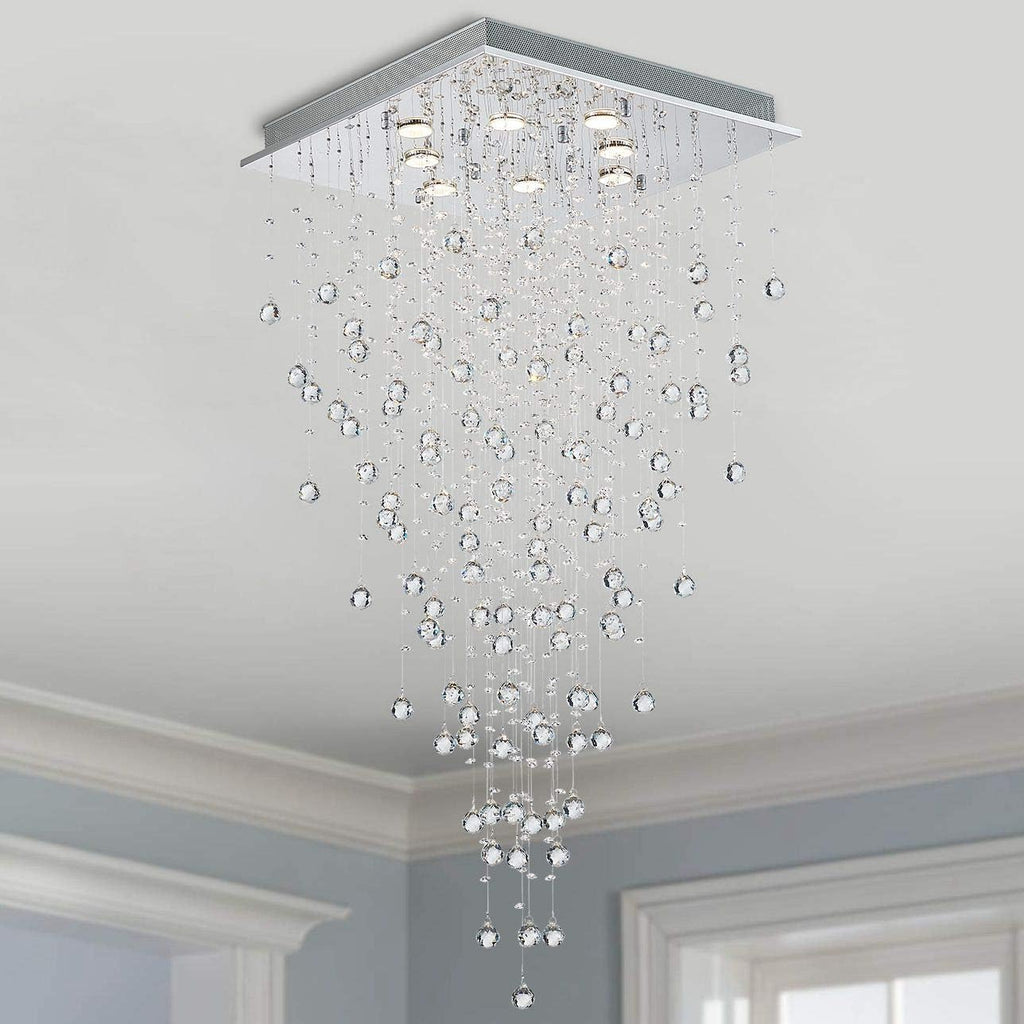 Bestier Modern Crystal Square Raindrop Chandelier Lighting Flush Mount LED Ceiling Light Fixture Pendant Lamp for Dining Room Bathroom Bedroom Livingroom 8 GU10 Bulbs Required 22 in Wide 47 inch High