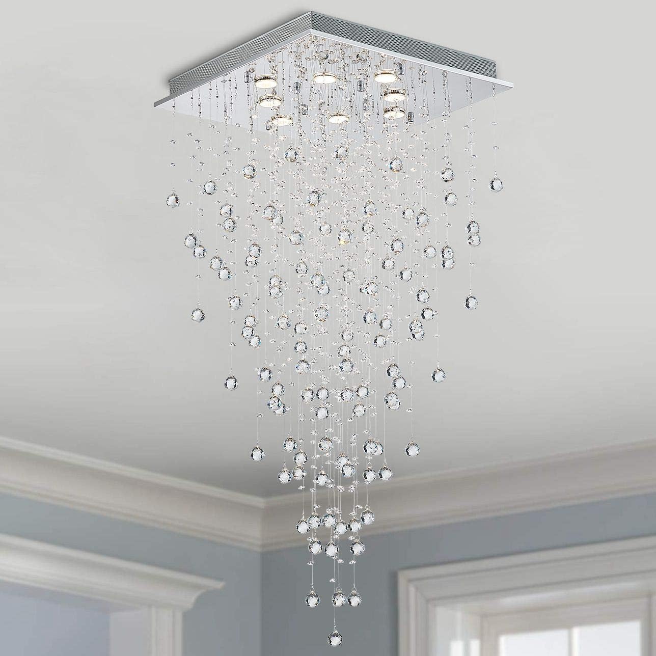 Bestier Modern Crystal Square Raindrop Chandelier Lighting Flush Mount LED Ceiling Light Fixture Pendant Lamp for Dining Room Bathroom Bedroom Livingroom 8 GU10 Bulbs Required 22 in Wide 47 inch High