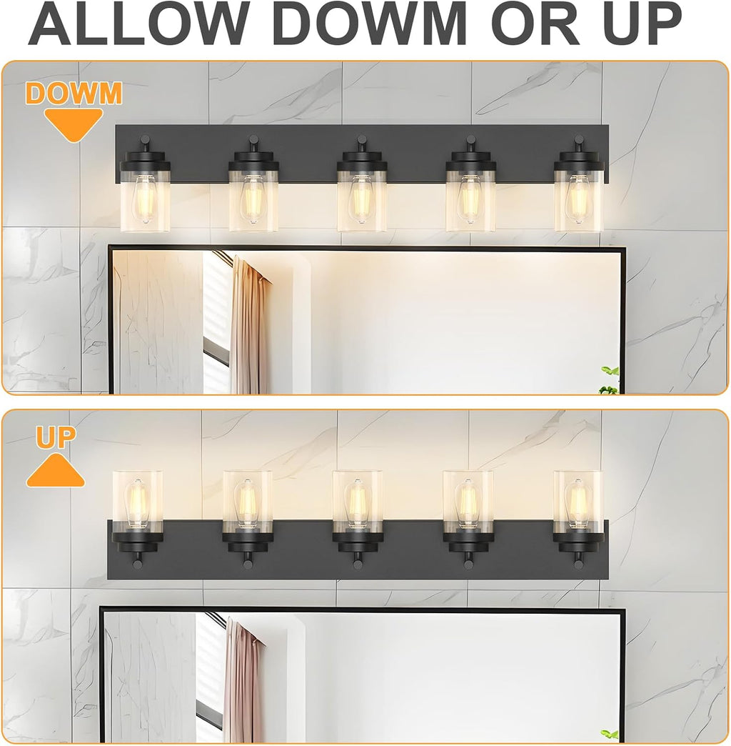 IZORRO Bathroom Vanity Light Fixture, 5-Light 36 Inch Matte Black Bathroom Light Fixtures Over Mirror, with Clear Glass Shade, Modern Farmhouse Vanity Lights, Rustic Restroom Lighting Fixtures