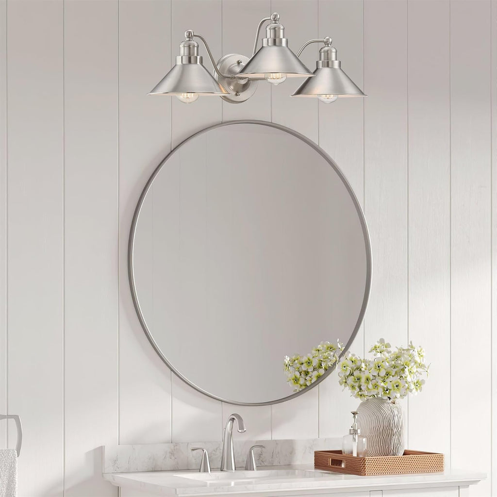 Kira Home Welton 25.5' 3-Light Modern Farmhouse Vanity Light with Funnel Shades, Industrial Silver Wall Sconce Bathroom Light, Brushed Nickel Finish
