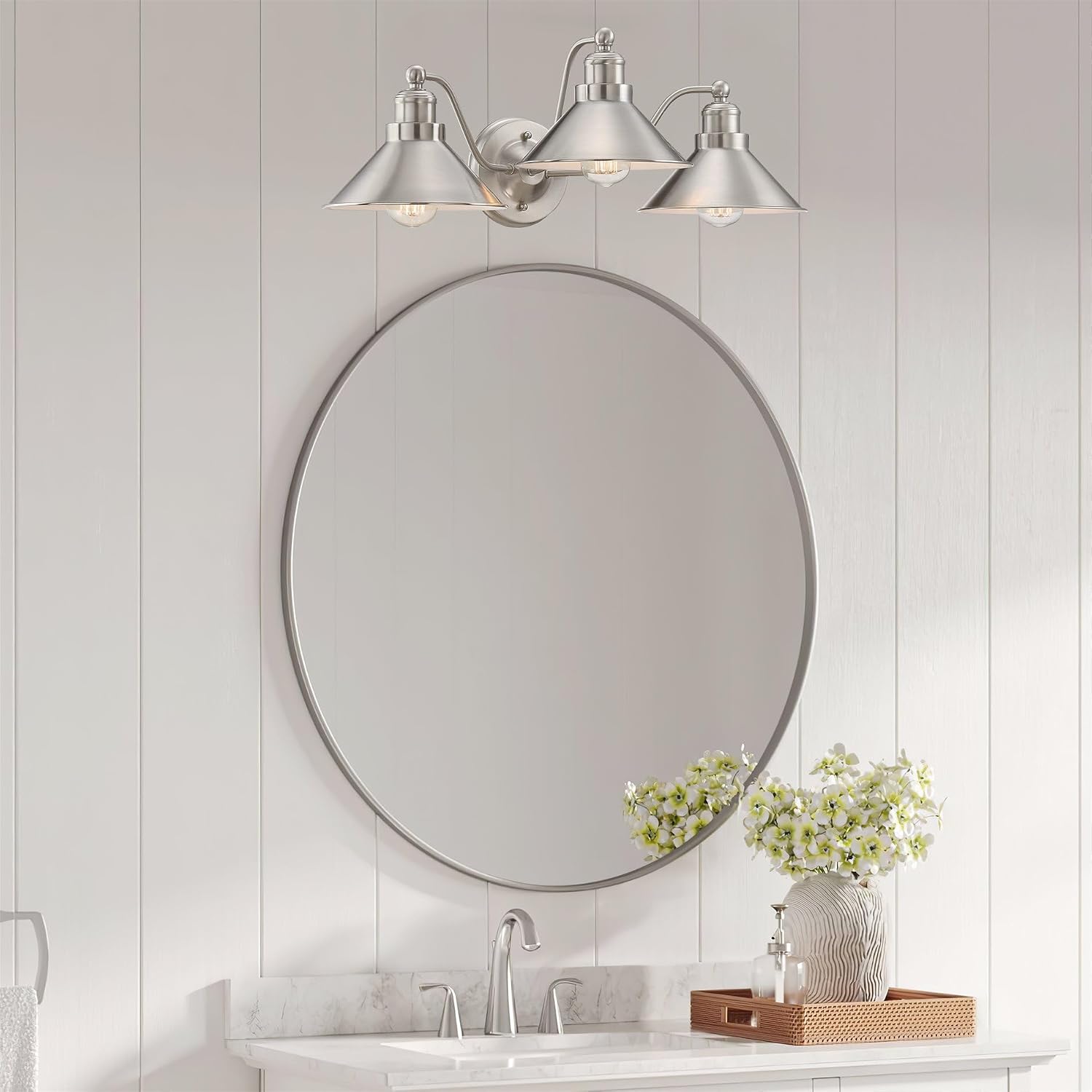 Kira Home Welton 25.5' 3-Light Modern Farmhouse Vanity Light with Funnel Shades, Industrial Silver Wall Sconce Bathroom Light, Brushed Nickel Finish