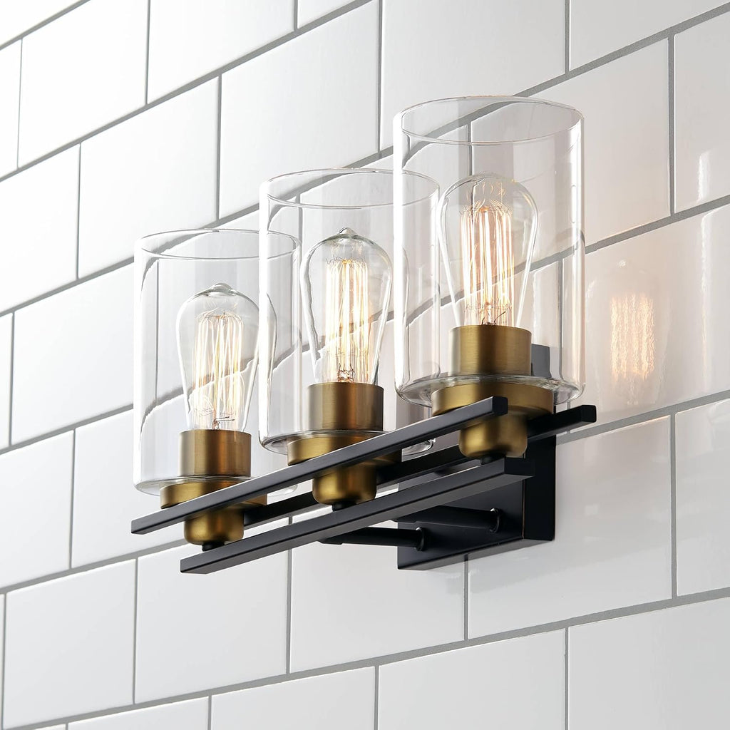 Possini Euro Design Demy Vintage Industrial Wall Mount Light Oil Rubbed Bronze Gold Hardwired 20' Wide 3-Light Fixture Clear Glass Cylinder Shade for Bathroom Vanity Mirror House Home Room Decor