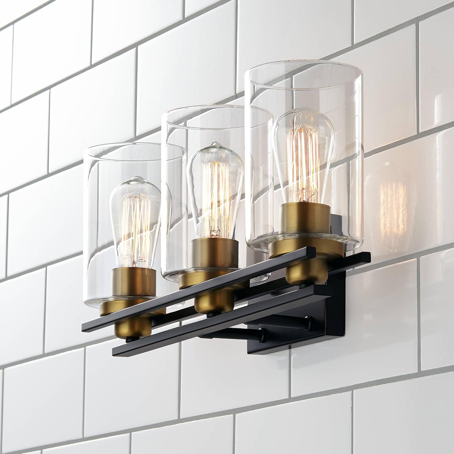 Possini Euro Design Demy Vintage Industrial Wall Mount Light Oil Rubbed Bronze Gold Hardwired 20' Wide 3-Light Fixture Clear Glass Cylinder Shade for Bathroom Vanity Mirror House Home Room Decor