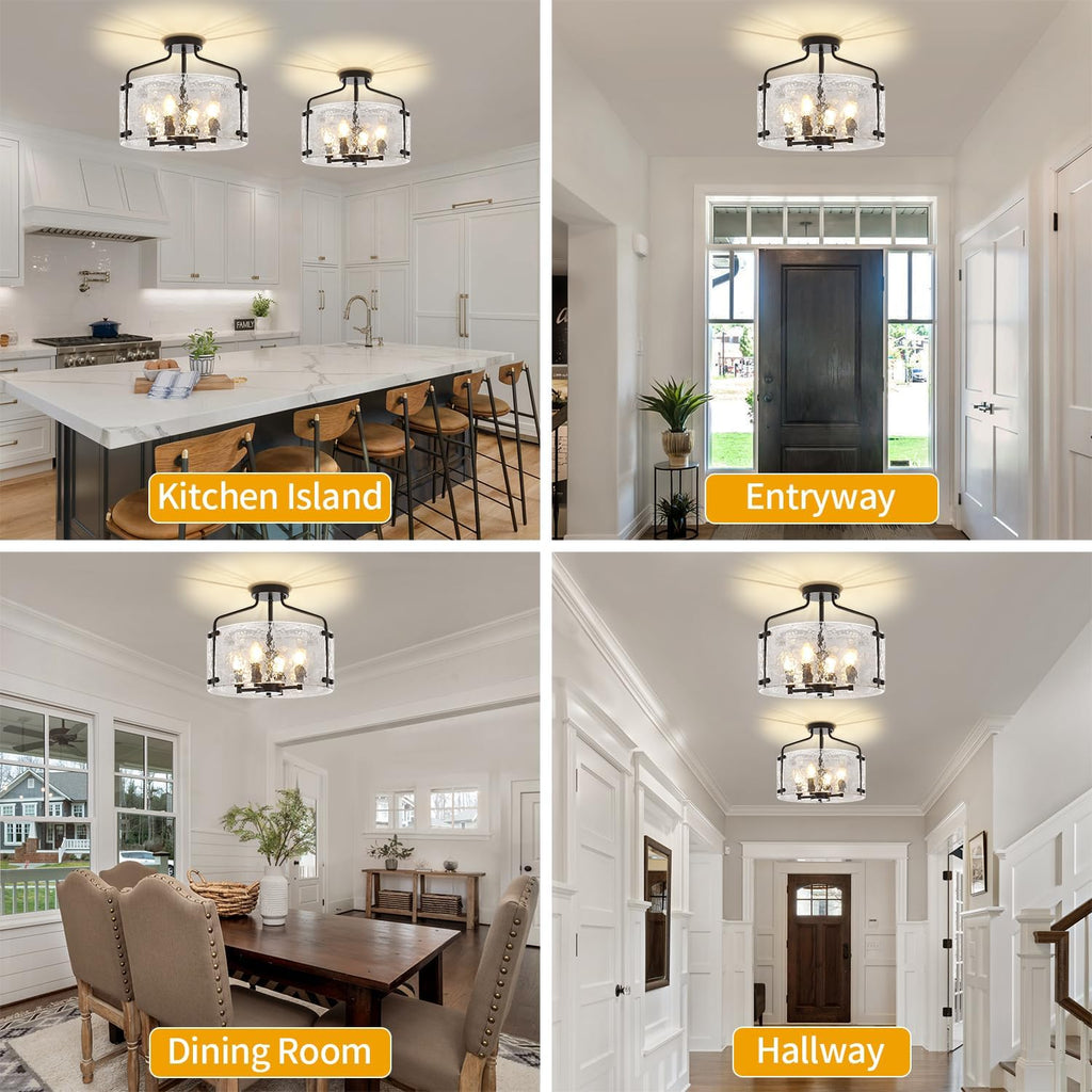 Black Semi Flush Mount Ceiling Lights, Modern Hammered Glass Entryway Hallway Light Fixtures 4-Light Drum Chandelier for Dining Room Bathroom Bedroom Kitchen Foyer Lighting