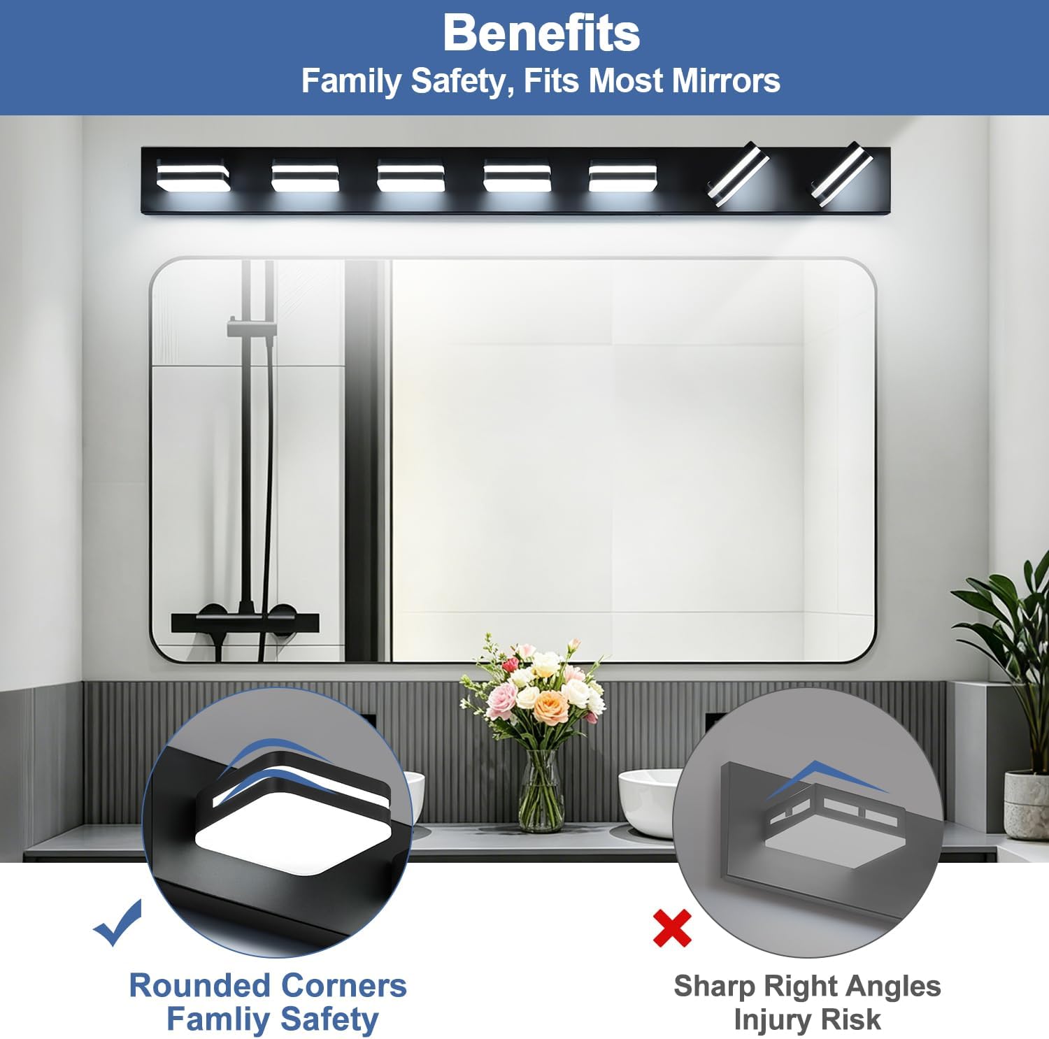 Torondo 360° Rotate LED Bathroom Vanity Light Fixtures, Acrylic Vanity Lights for Bathroom, Modern Wall Lighting Fixtures Over Mirror Living, Matte Black, Natural White, 7-Light, 46-Inch