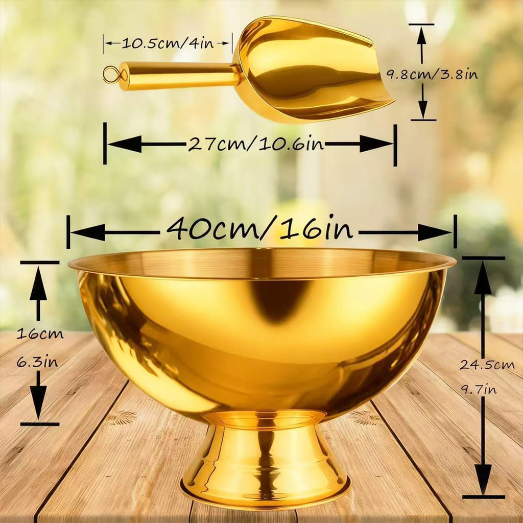 Large Ice Bucket 13L Stainless Steel Champagne Bowl Ice Bucket with Ice Scoop Semicircle Drink Tub with Integrated Base Silver Beverage Tub for Parties, Cocktail Bar, Chilling Wine (2 Packs-Gold)