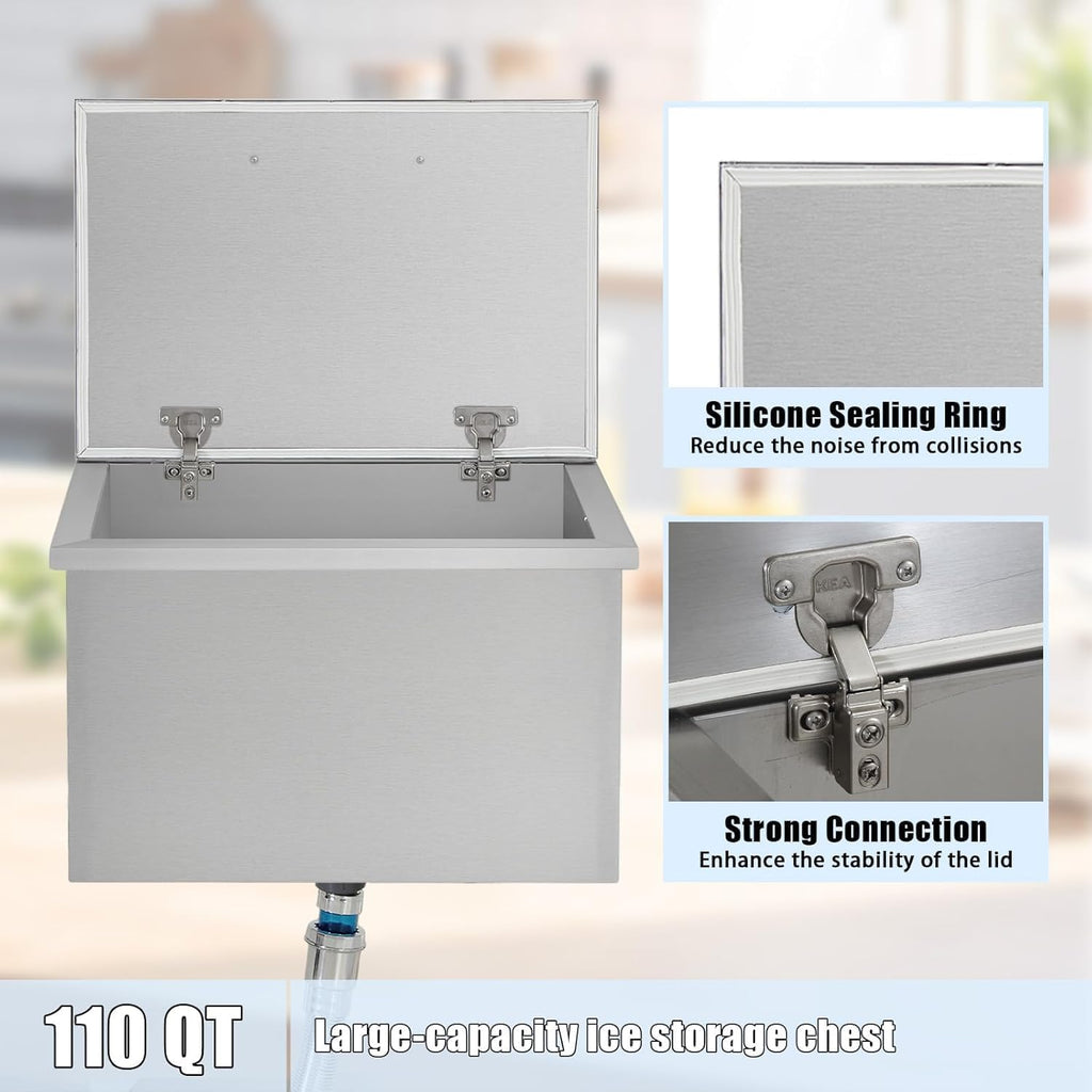 Drop in Ice Chest, Outdoor Kitchen Ice Bar Stainless Steel Ice Cooler, Commercial Ice Bin with Hinged Cover, Ice Bucket, for Cold Wine Beer