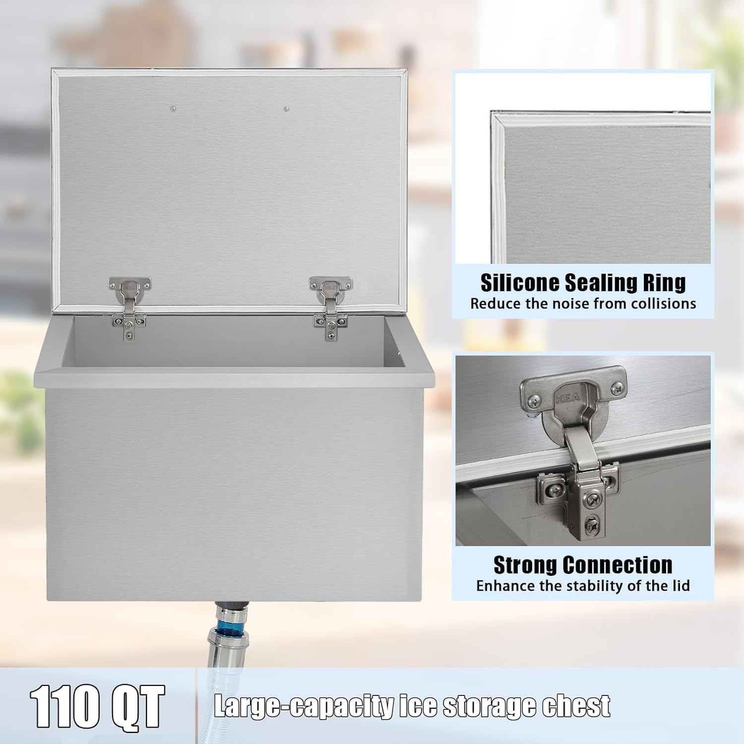 Drop in Ice Chest, Outdoor Kitchen Ice Bar Stainless Steel Ice Cooler, Commercial Ice Bin with Hinged Cover, Ice Bucket, for Cold Wine Beer