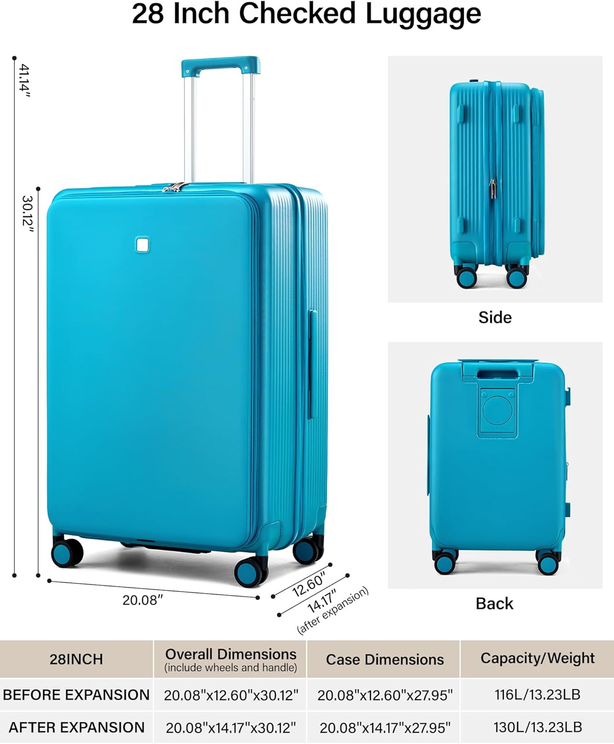 Hanke Large Expandable 28 Inch Luggage with Spinner Wheels Top Opening Travel Luggage Hard Shell Rolling Suitcases Lightweight Checked Luggage with Cup Holder(Caribbean Blue)