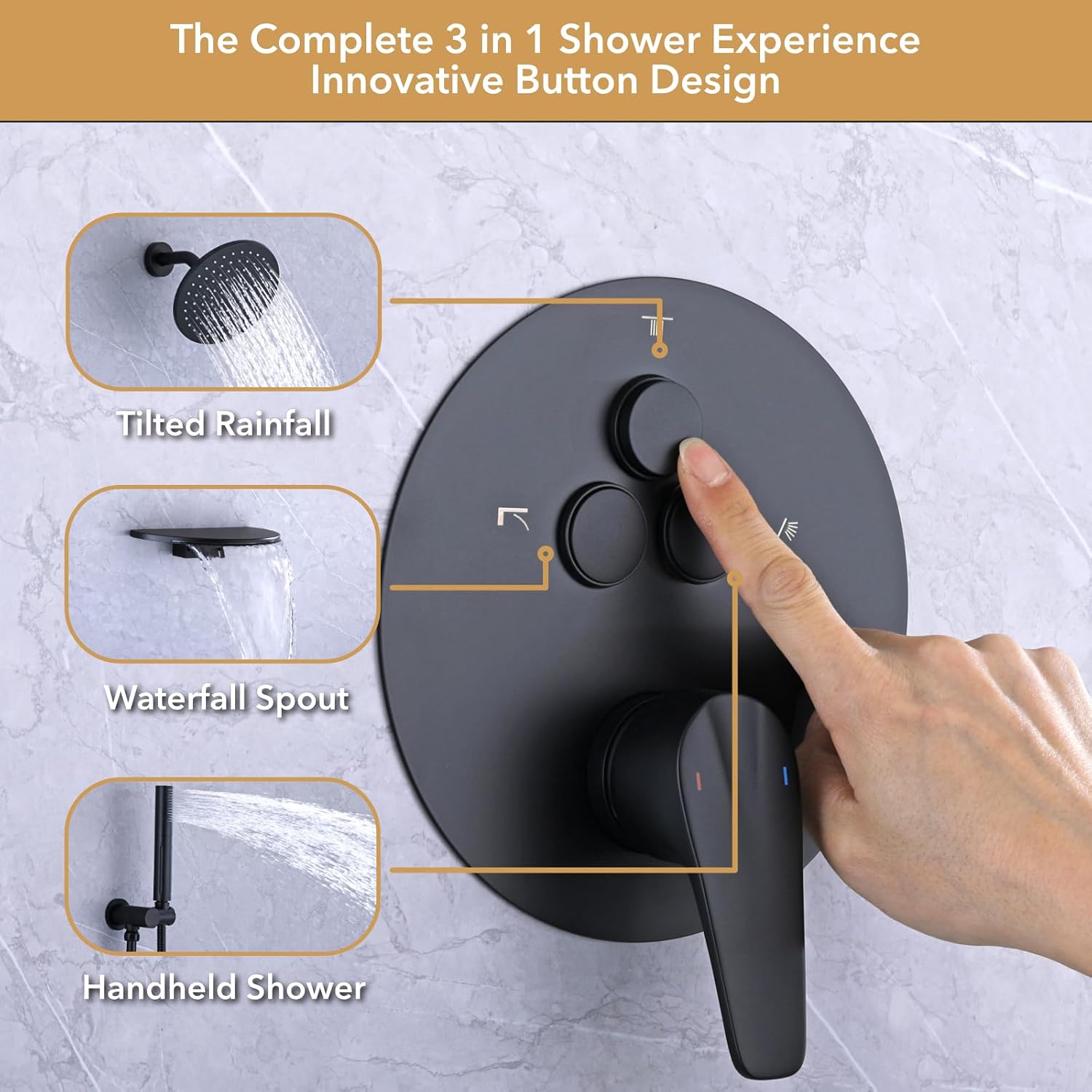 VANFOXLE Shower Faucet Set Matte Black Shower System,Push Button Diverter Shower Faucet with 2 in 1 Handheld,Wall Mount 8 Inch Shower Head with 9 Inch Bathtub Waterfall Spout