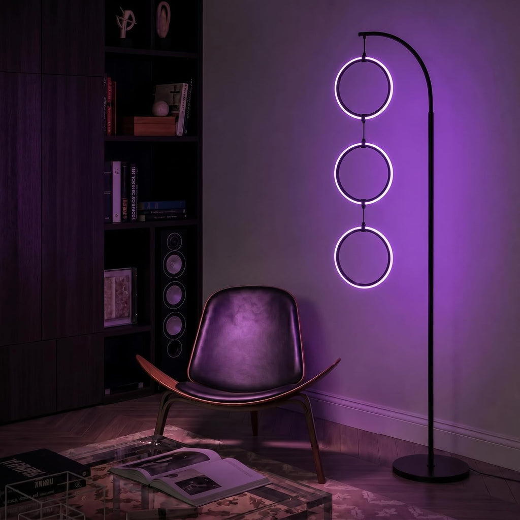 Brightech Nova Modern Color Changing Floor Lamp - LED Lamp with Stunning RGB Color Gradient and Contemporary 3-Circle Ring-Style Pendant - Corner or Over-The-Couch Arching Pole Standing Lamp - Black