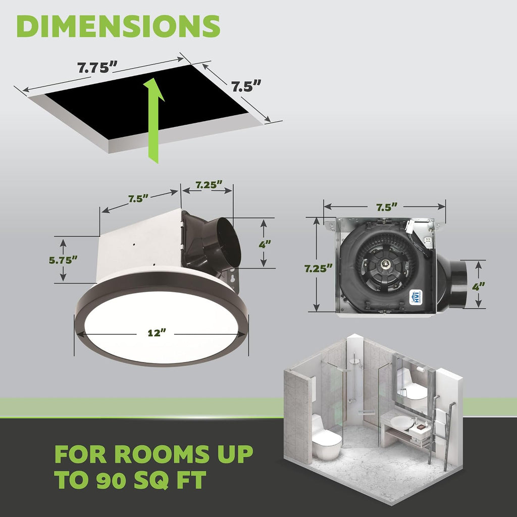 Homewerks 7105-09-MB Bathroom Fan with Light 90-CFM 1.5 Sones Round Ventilation Fan with Dimmable LED Light and Magnetic Trim Ring, Matte Black