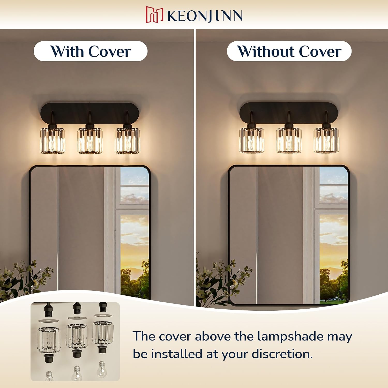 Keonjinn 4-Light Bathroom Light Fixtures, Crystal Black Bathroom Vanity Lights Over Mirror, Vanity Lighting Fixtures with Crystal Square Shades (E26 Socket, Exclude Bulb)