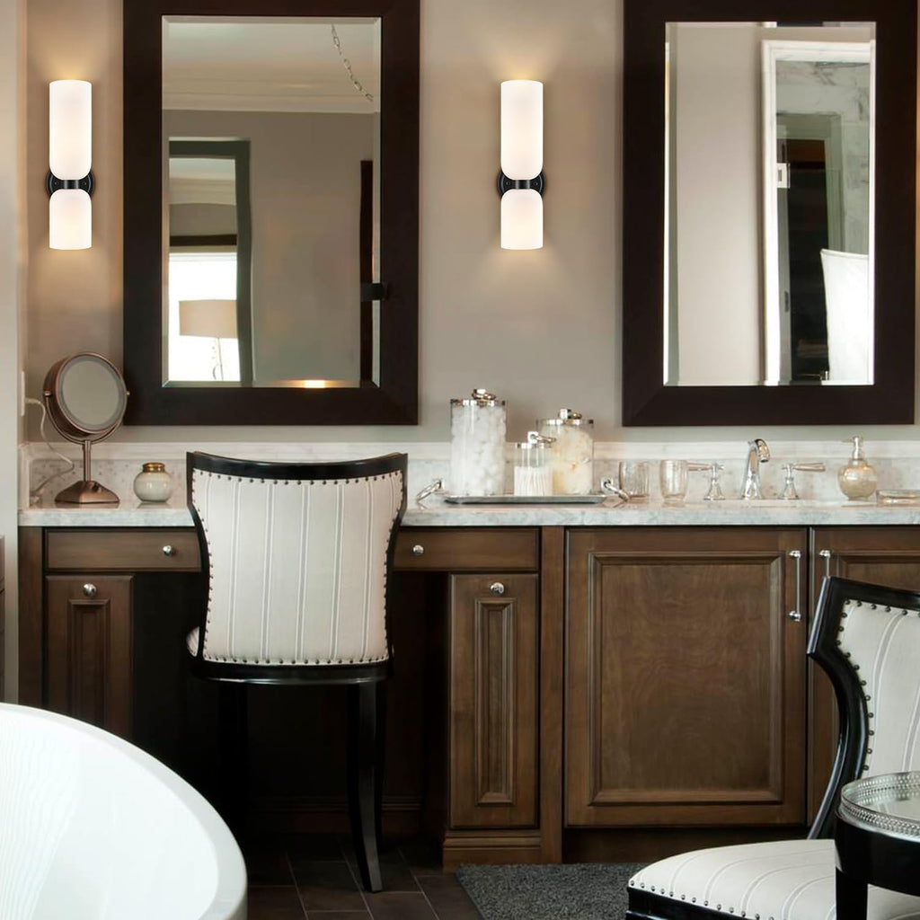 DEYNITE Black Wall Sconces Set of 2 Modern Farmhouse 2-Light Wall Light Bathroom Vanity Light,Milky White Glass Light for Bedroom, Living Room, Kitchen