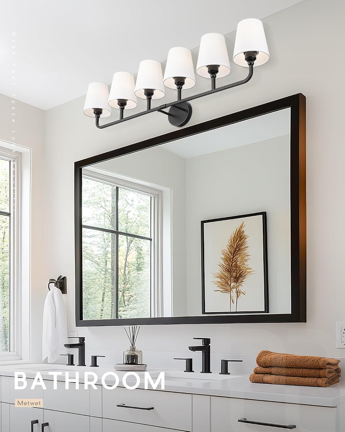 Bathroom Light Fixtures, 42 Inch Matte Black Vanity Lights with Flared White Fabric Shade, 6-Light Wall Sconce, Modern Sconces Wall Lighting for Hallway Bedroom, VL837-MB-6