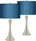 Possini Euro Design Modern Table Lamps 24' Tall Set of 2 Brushed Nickel Silver Metal LED Touch On Off Blue Faux Silk Drum Shade for Bedroom Living Room House Home Bedside Nightstand Office Family